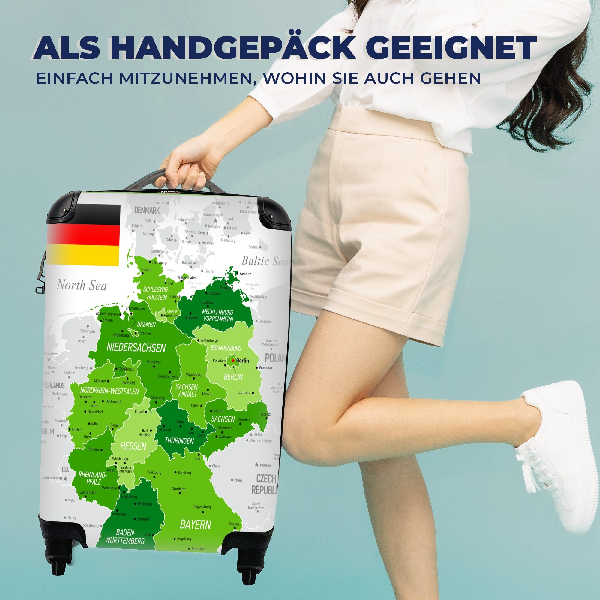 MuchoWow Handgepäckkoffer Grüne Karte von für mit Handgepäck Deutschland, rollen, Ferien, Reisetasche Trolley, Rollen, 4 Reisekoffer