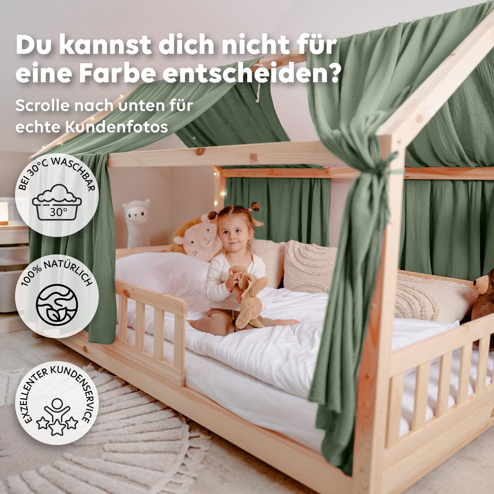 lilimaus Betthimmel für Hausbett aus 100% Musselin - 2er-Set fürs Kinderbett (1-tlg), Set mit 2 abgestimmten Stoffbahnen - weich & schnell montiert – Bild 5 von 5