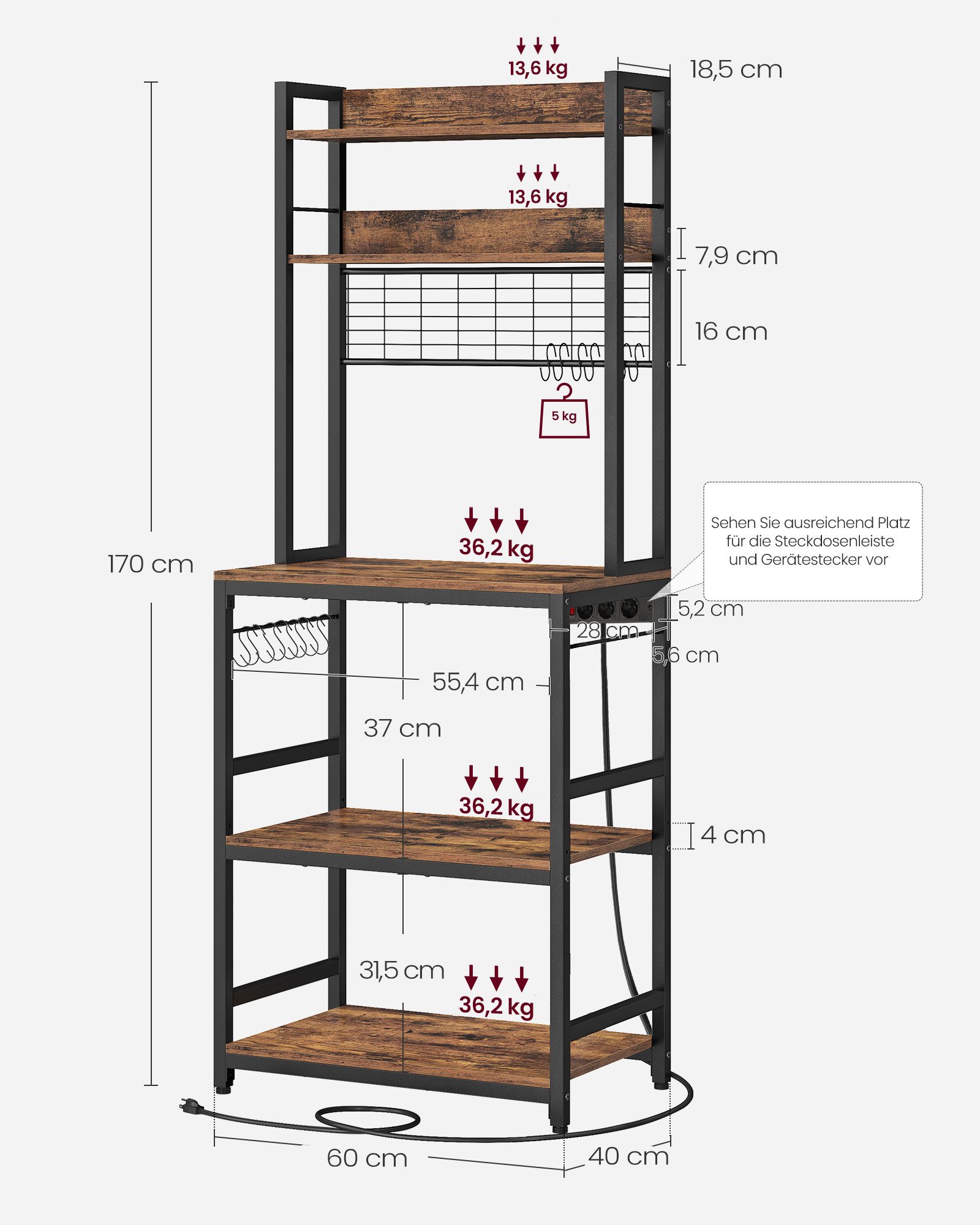 VASAGLE Standregal, Küchenregal mit Steckdosen, 14 Haken, 40 x 80 x 170 cm