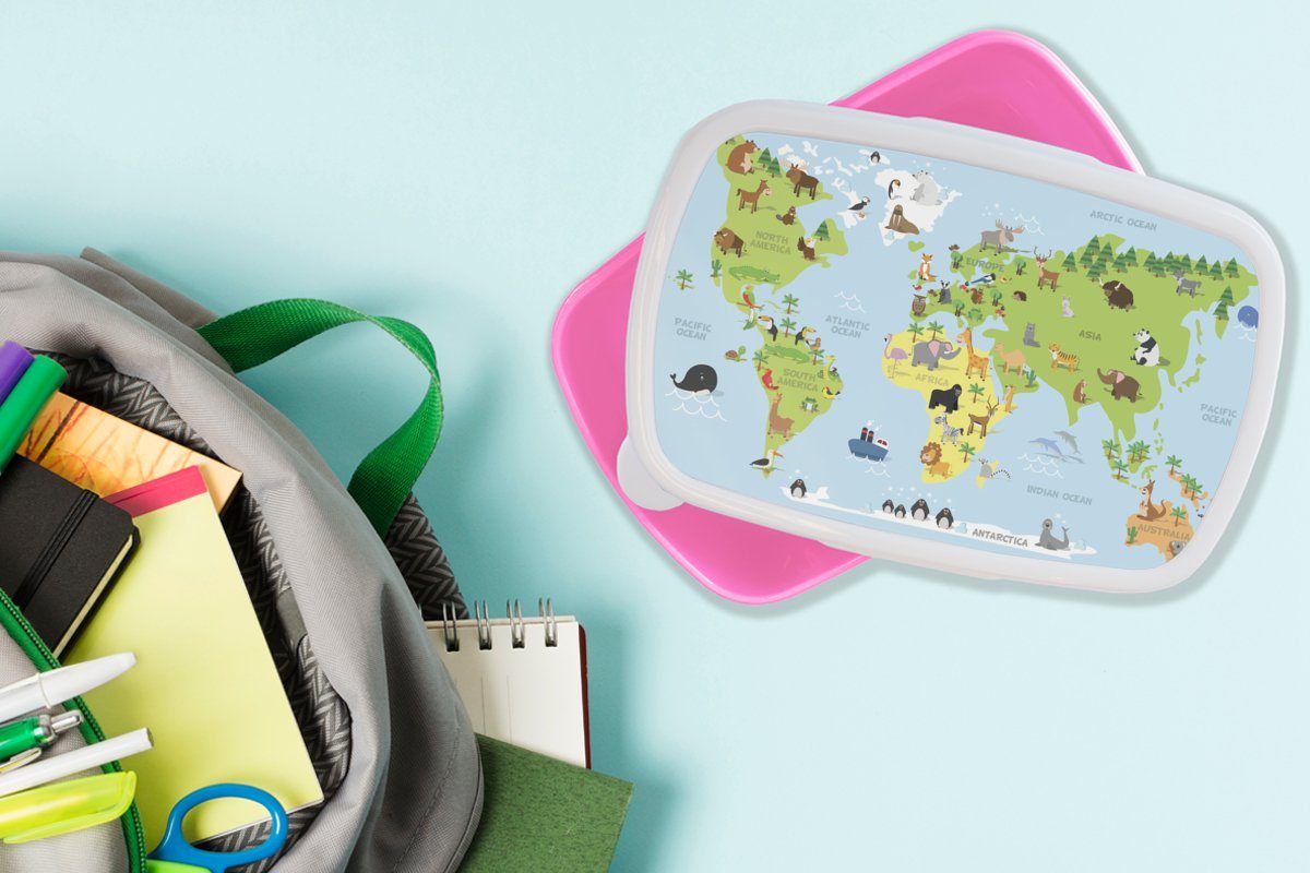 Lunchbox Kinder, - Erwachsene, Tiere Mädchen, Kunststoff, MuchoWow (2-tlg), Kinder Snackbox, Brotbox - Grün, Weltkarte Blau rosa - für - Kunststoff Brotdose