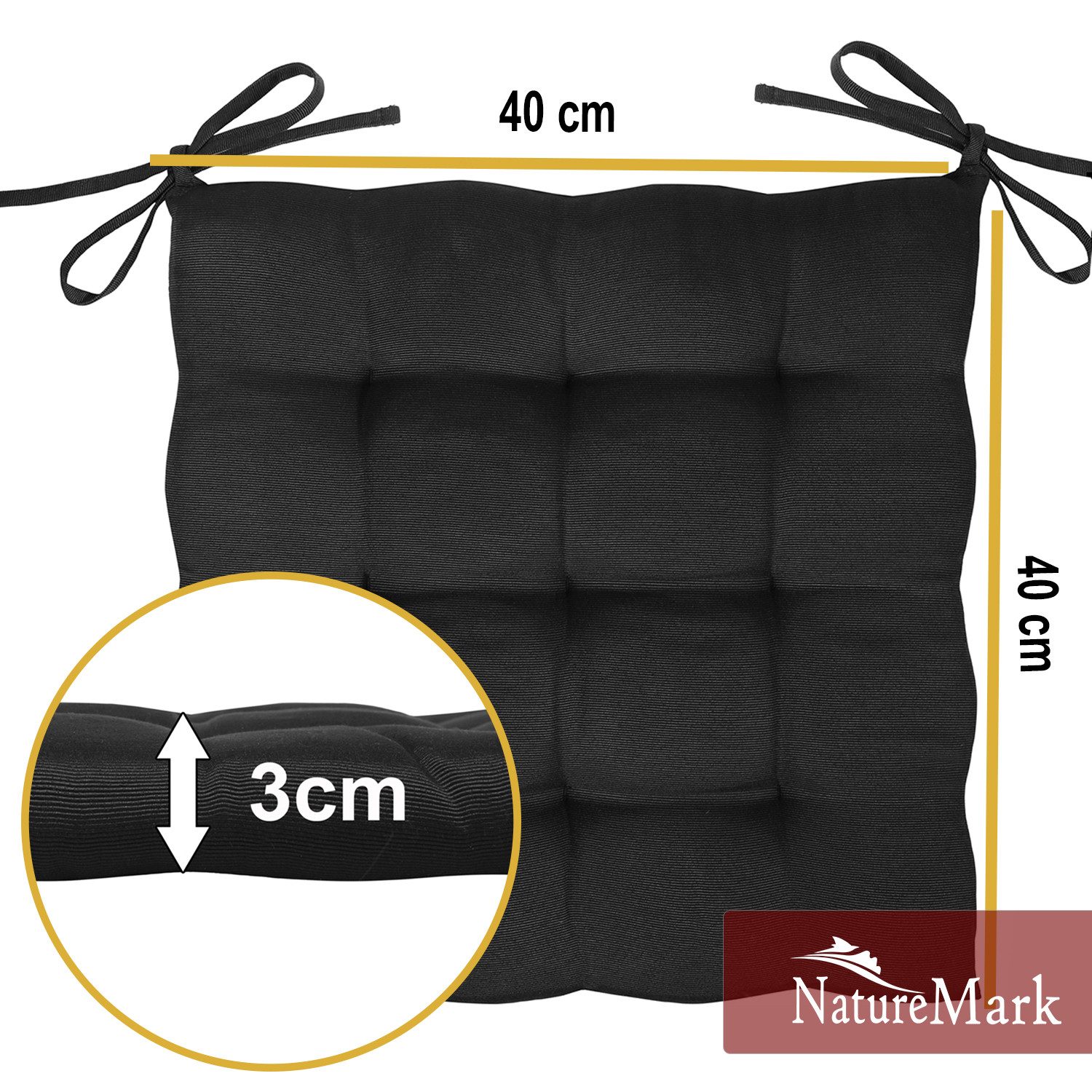 NatureMark Sitzkissen 4er-Set Stuhlkissen 40x40cm mit Bändern, Sitzpolster Kissen 4er Pack, schadstoffgeprüft, Schwarz
