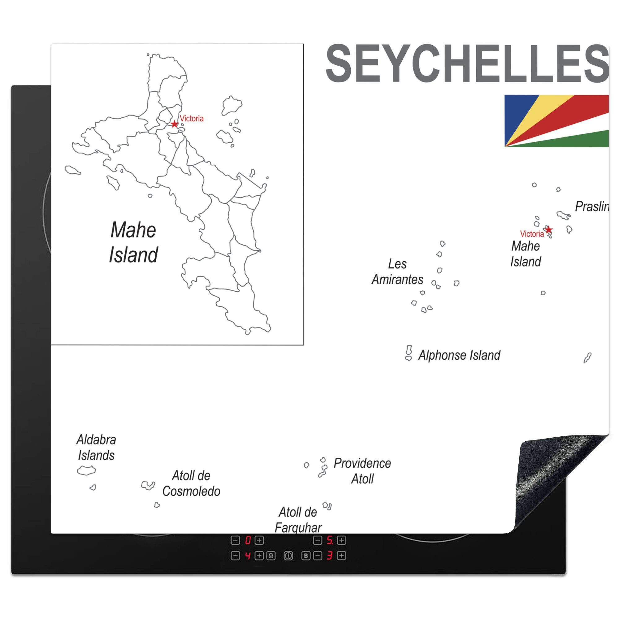 MuchoWow Herdblende-/Abdeckplatte Illustration der Seychellen auf einem weißen Hintergrund und der, Vinyl, (1 tlg), 60x52 cm, Mobile Arbeitsfläche nutzbar, Ceranfeldabdeckung | Herdabdeckplatten