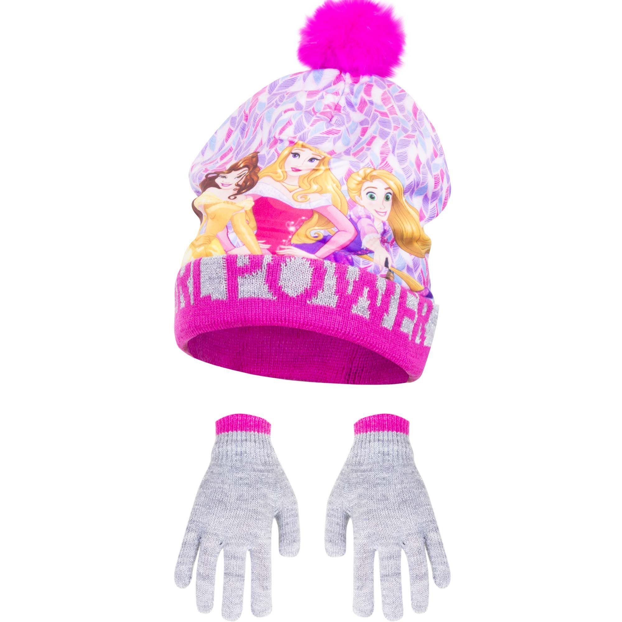 Disney Princess Bommelmütze Mütze mit Pompon und passenden Handschuhen für Kinder
