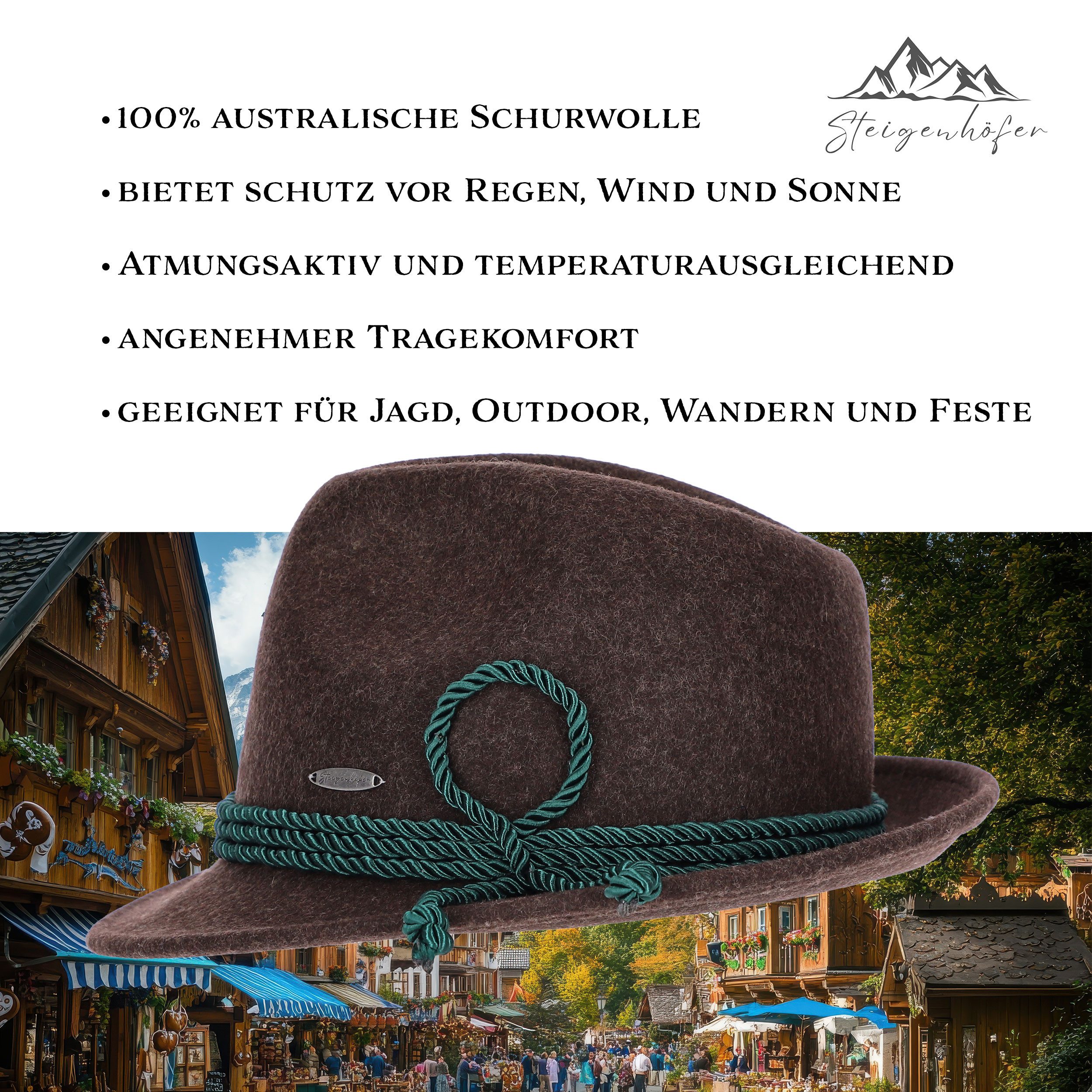 Steigenhöfer Manufaktur Trachtenhut Herren JAKOB - bayrischer Wanderhut Dreispitz aus 100% Schurwolle Größenverstellbar und integriertes Schweißband, Ideal fürs Oktoberfest