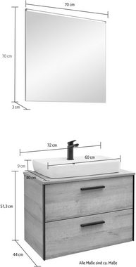 Saphir Badmöbel-Set Quickset 395 2-teilig, Keramik-Aufsatzbecken mit LED-Spiegel, (4-St), Waschplatz 73 cm breit, 2 Schubladen, Waschtischplatte, Bad-Set