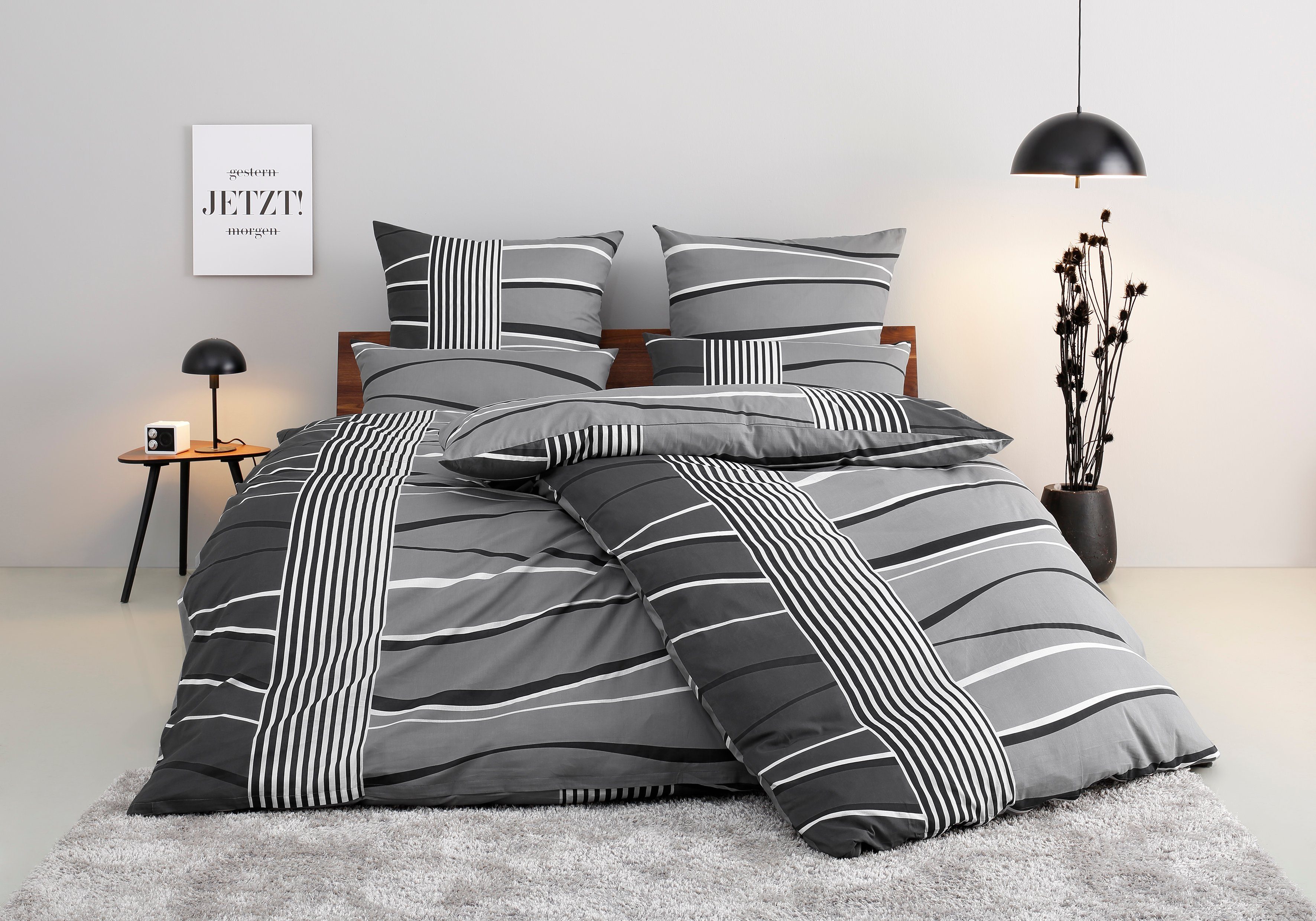 Bettwäsche Renu in Gr. 135x200 oder 155x220 cm, my home, Linon, 2 teilig, Bettwäsche aus Baumwolle, grafische Bettwäsche mit Wellen-Design grau