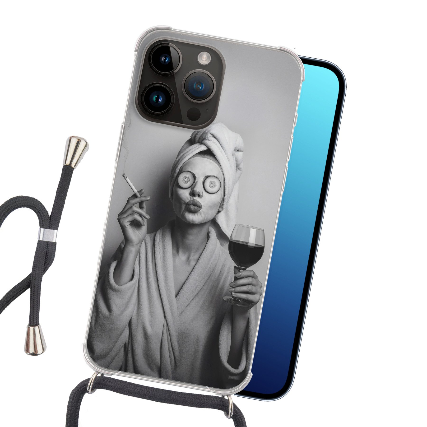 MuchoWow Handyhülle für Apple iPhone 14 Pro Frau - Maske - Wein - Zigarette, Tragbare Handyhüllen mit Kette zum umhängen, Handykette Handyband