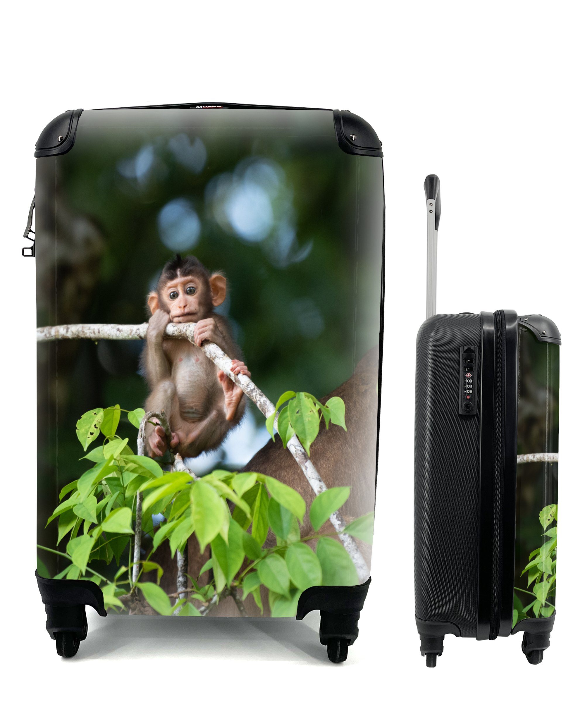 MuchoWow Handgepäckkoffer Junger Affe hängt an einem Ast, 4 Rollen, Reisetasche mit rollen, Handgepäck für Ferien, Trolley, Reisekoffer