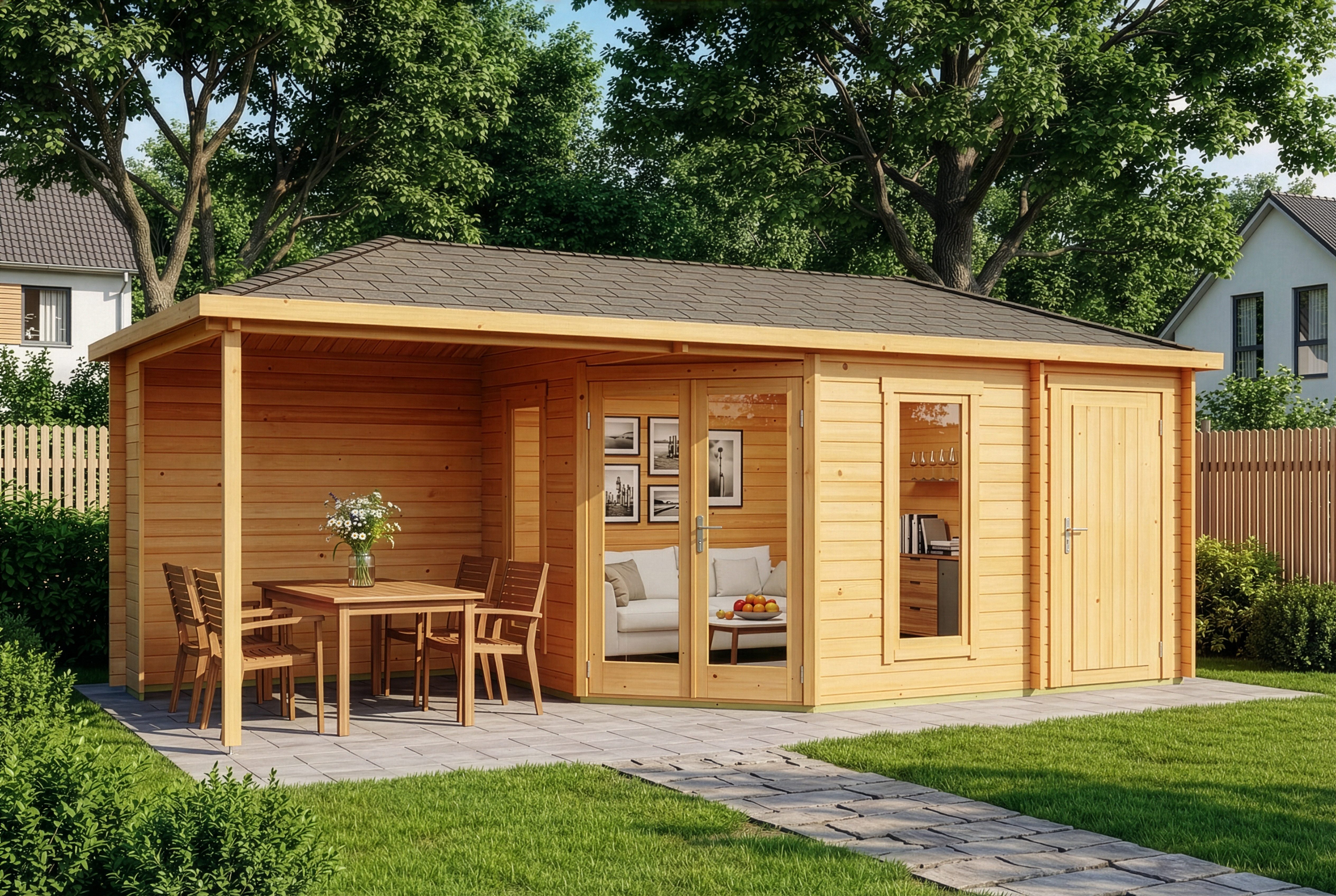 Alpholz Gartenhaus Holz 5-Eck Liwa mit Anbau, BxT: 728x317 cm, in Imprägniert (Pinie) mit 28mm Wandstärke