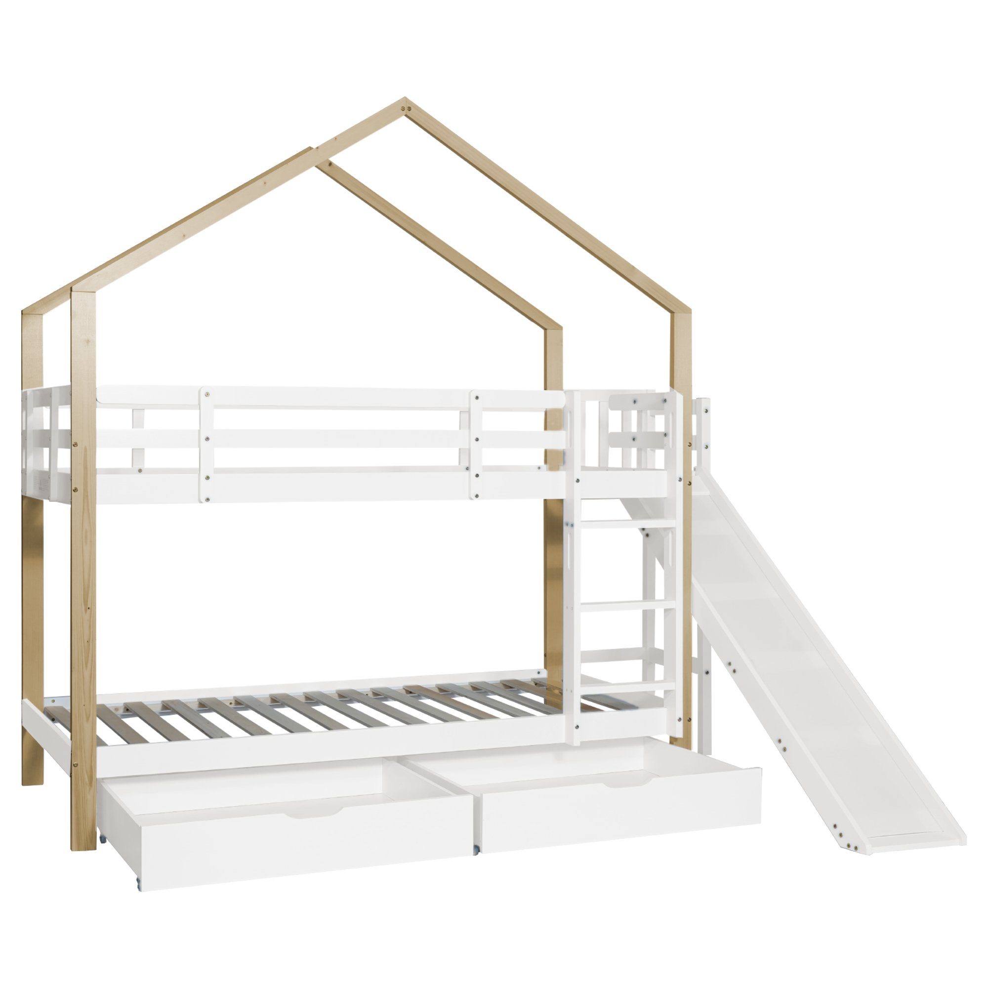 Etagenbett (Hausbett mit 2 Schubladen), Hochbett Kinderbett mit Lattenrost, Rutsche und Leiter, 90x200cm