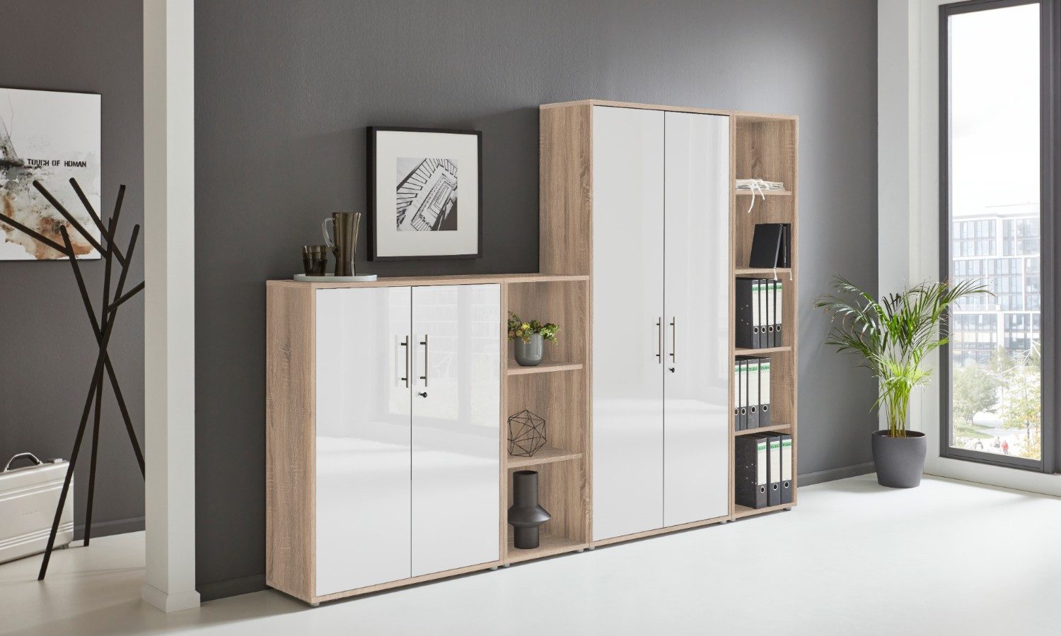 moebel-dich-auf Aktenschrank TABOR 4 (abschließbar, 4-tlg., Büroschrank ideal für DIN 4 Ordner) mit Edelstahlgriffen & lackierten Fronten, MADE IN GERMANY