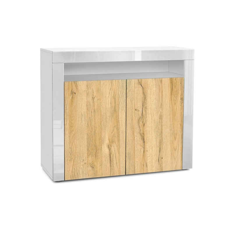 Vladon Kommode Valencia (Sideboard, mit 2 Двері und 1 offenem Fach), Weiß matt/Eiche Natur/Weiß Hochglanz (108 x 92 x 40 cm)