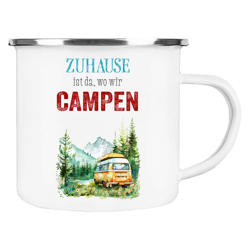 Cadouri Tasse ZUHAUSE Camping Emaille Tasse, Campingtasse, Metall, Campingbecher, Kaffeetasse für Camper, handgefertigt, Geschenk, 300 ml