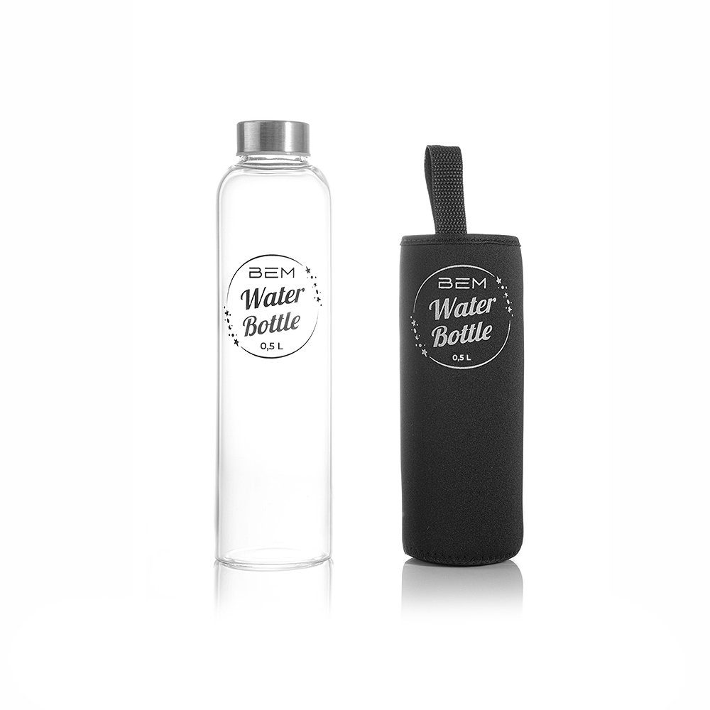 BEM Trinkflasche Water Bottle aus Glas mit Edelstahldeckel, BPA-frei Spülmaschinenfest Silikonhülle Borosilikatglas Wasser Flasche