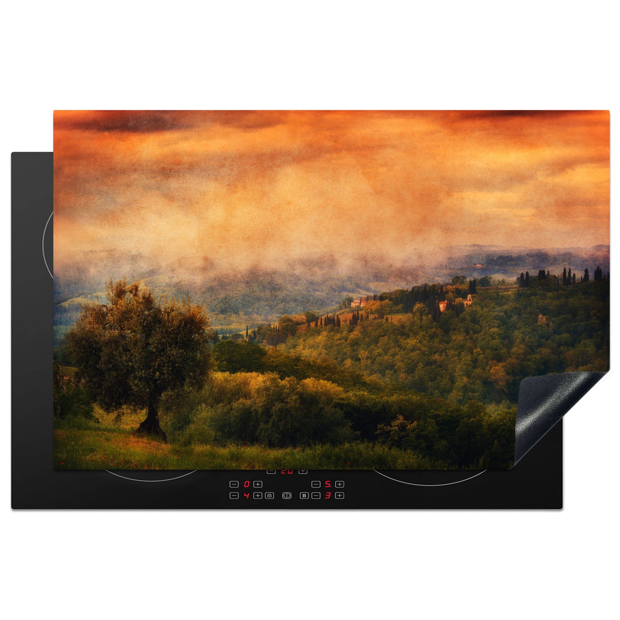 MuchoWow Herdblende-/Abdeckplatte San Gimignano im Nebel bei Sonnenaufgang in der Toskana, Vinyl, (1 tlg), 81x52 cm, Induktionskochfeld Schutz für die küche, Ceranfeldabdeckung
