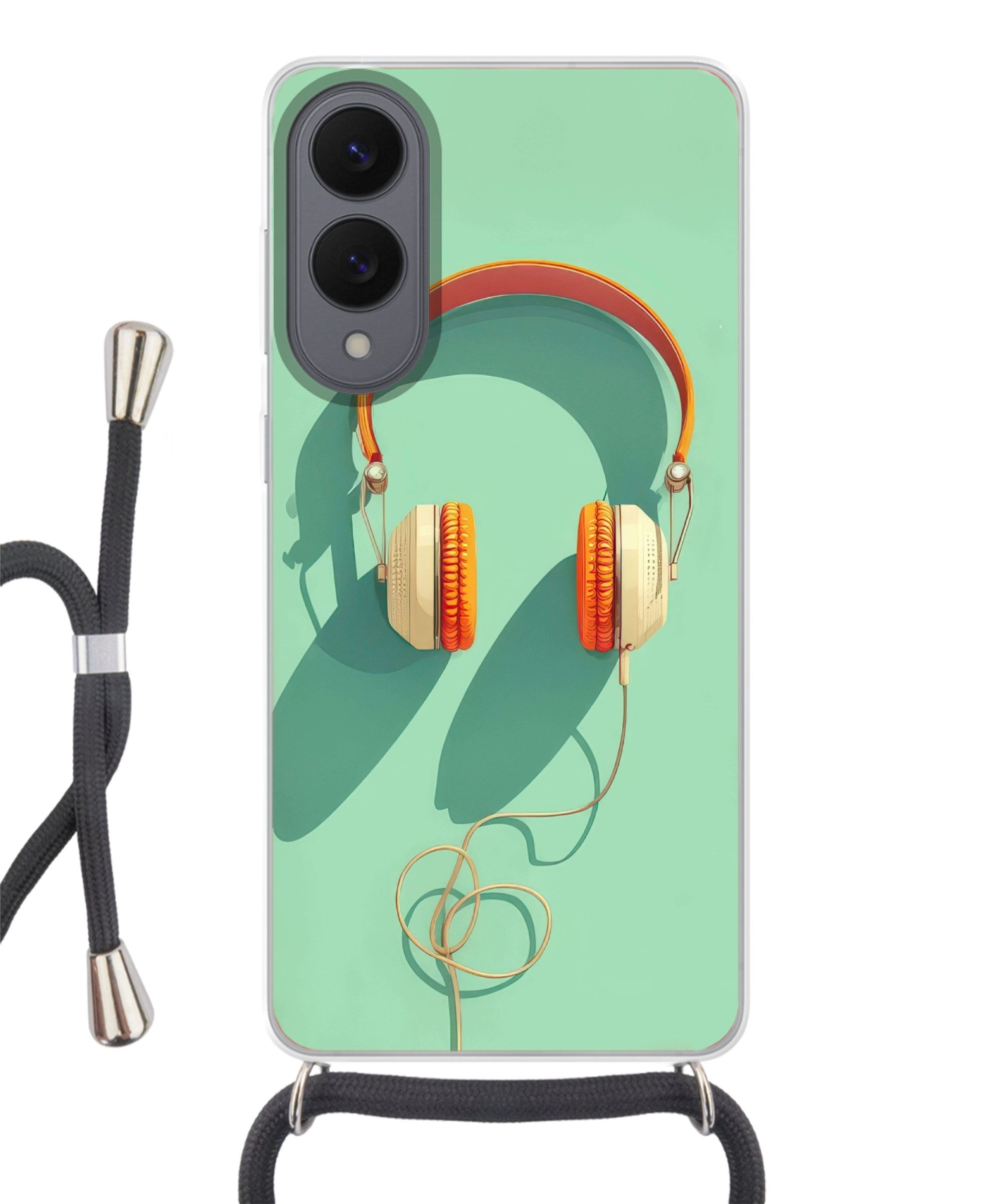MuchoWow Handyhülle für Samsung Galaxy S25 Edge Kopfhörer - Orange - Kabel - Minimalistisc, Tragbare Handyhüllen mit Kette zum umhängen, Handykette Handyband