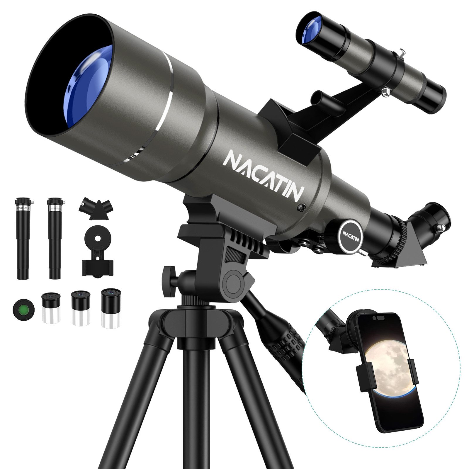 NACATIN Teleskop Kinder & Einsteiger Refraktor-Teleskop 70mm/300mm Tubuslänge, mit Stativ,15X-150X,Handy-Adapter