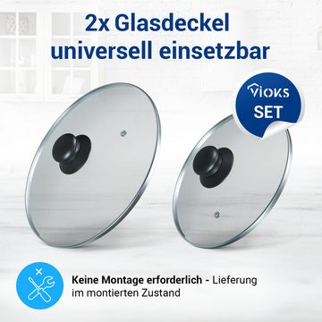 VIOKS Pfannendeckel Set 2x Glasdeckel Universal 200 mmØ / 240 mmØ, mit Knopfgriff für Topf Pfanne