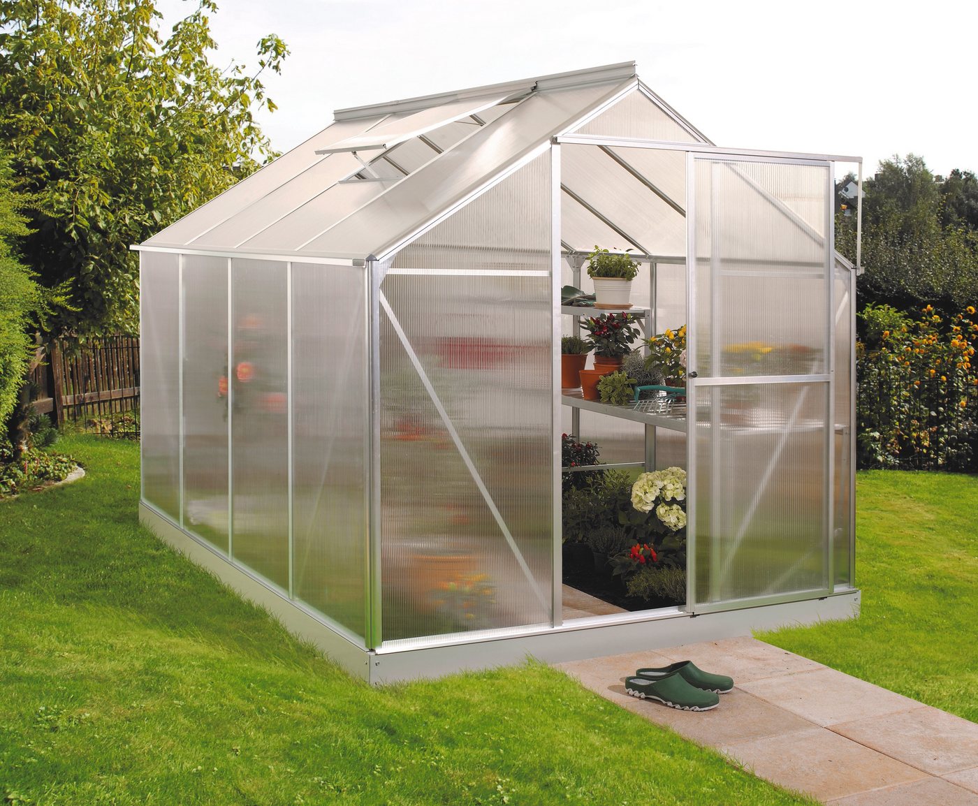 Vitavia Gewächshaus EOS 6000, BxTxH: 198 x 304 x 196 cm, 6 mm Wandstärke, Set, mit Fundamentrahmen silberfarben Vitavia Gewächshaus EOS 6000, BxTxH: 198 x 304 x 196 cm, 6 mm Wandstärke, Set, mit Fundamentrahmen silberfarben