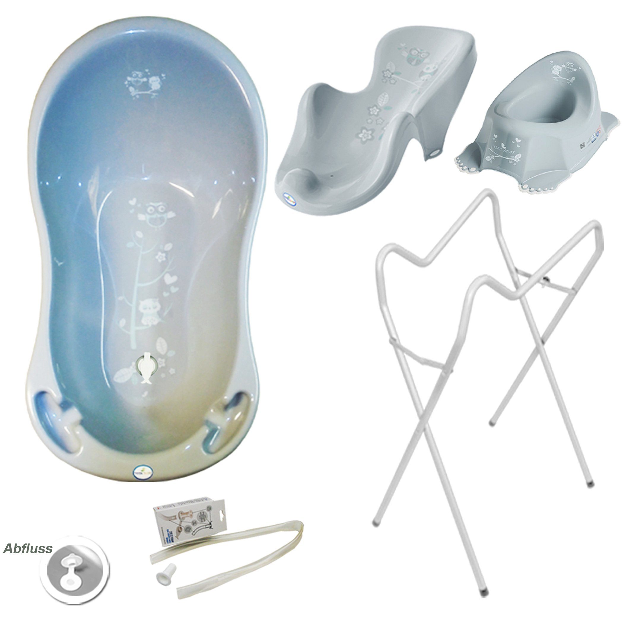 Tega-Baby Babybadewanne 4 Teile SET AB -EULE + Ständer Weiß - Abflussset Baby Wanne, (Premium.set Made in Europe), Wanne+ Badesitz+ Töpfchen+ Ablauf Set+ Ständer
