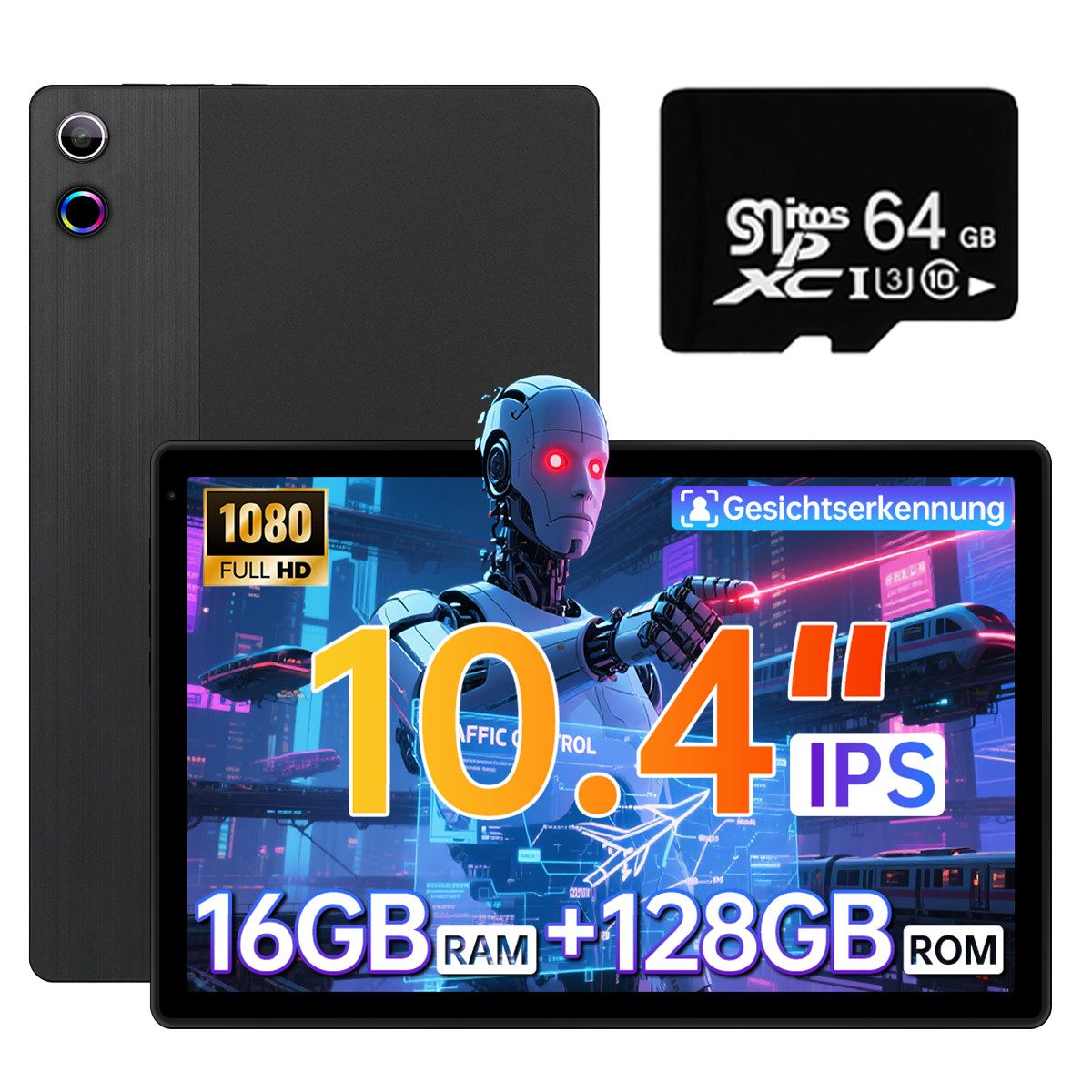 BUFO 10,4 Zoll Android 128GB+1TB Erweiterung HD 1280x800 WiFi 6 Tablet (10,4", 128 GB, Android, 2,4/5G WiFi, Octa-Core, 2,4/5G WiFi, Bluetooth 5.3, mit microSD Karte 64GB)