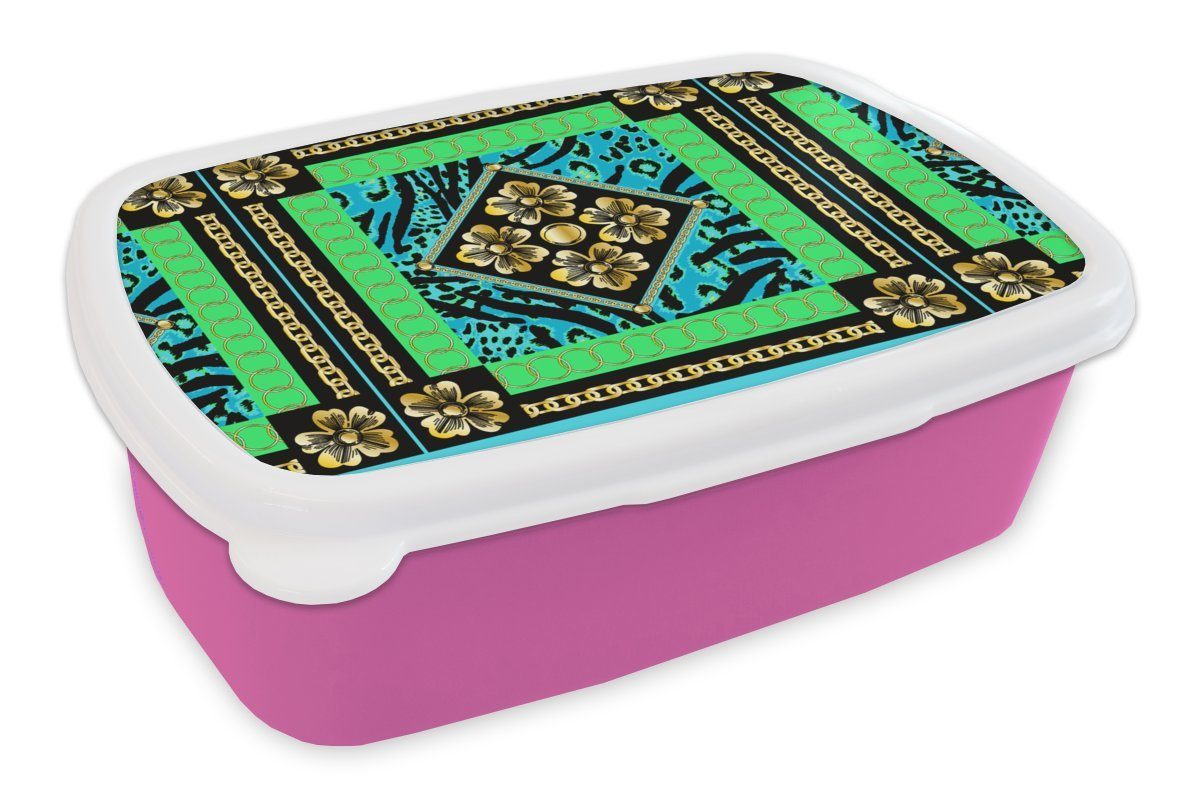 Mädchen, Snackbox, - Tiermuster - Lunchbox für - Kunststoff, Muster, Erwachsene, Kinder, Blumen - MuchoWow Halskette Brotdose (2-tlg), Gold Brotbox rosa Kunststoff