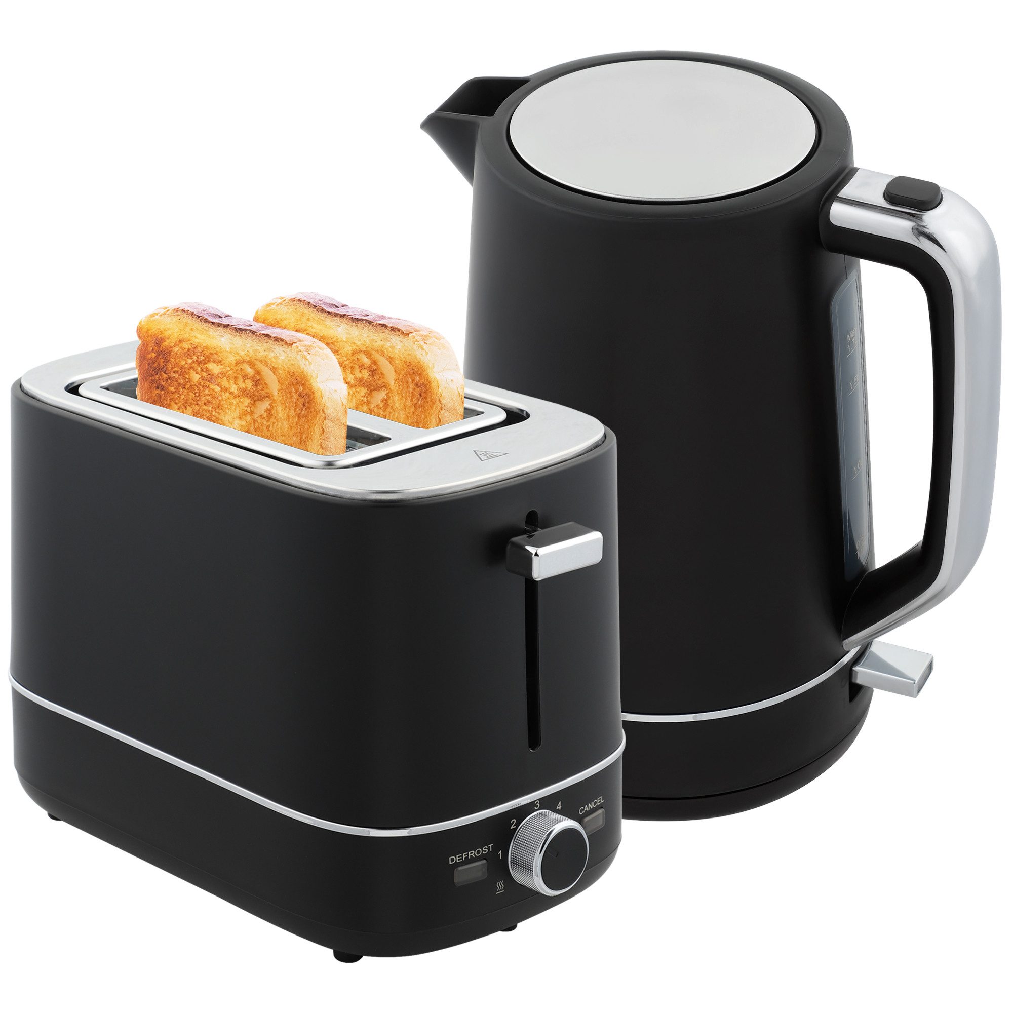 HOMCOM Toaster Frühstück-Set, Thermostat, 1,7L, Aufwärmen & Auftauen, Kalkfilter, 2 Schlitze, für 2 Scheiben, 2200 W, Wasserkocher und Toaster mit 6 Bräunungsstufen, Stahl, Schwarz