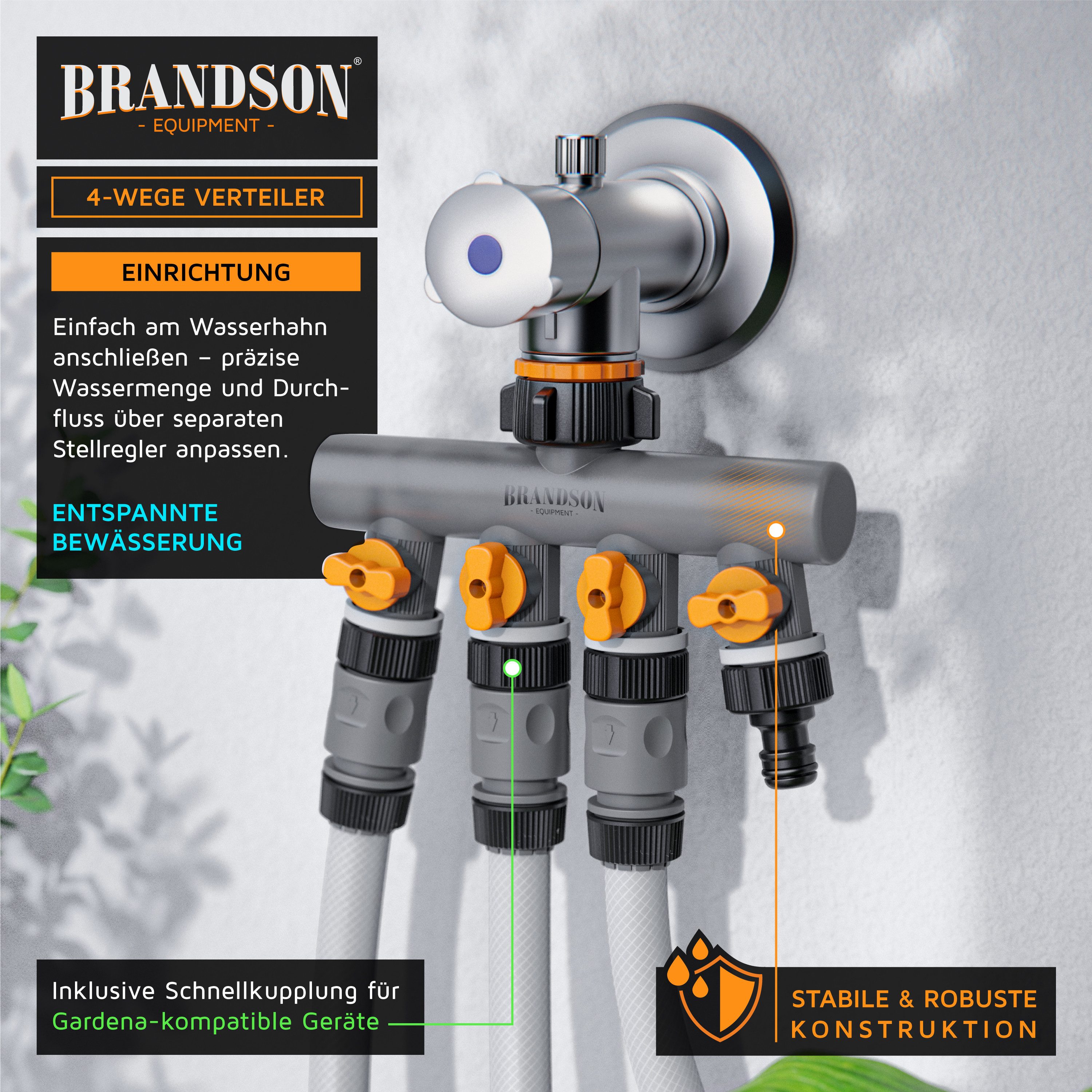 Brandson 4-Wege Verteiler 4-fach Schlauchverteiler, Gartenschlauch Wasserverteiler, 3/4 1/2 Zoll, (1-tlg), Regulierbarer Wasserhahn Schlauch Verteiler für Gartenbewässerung