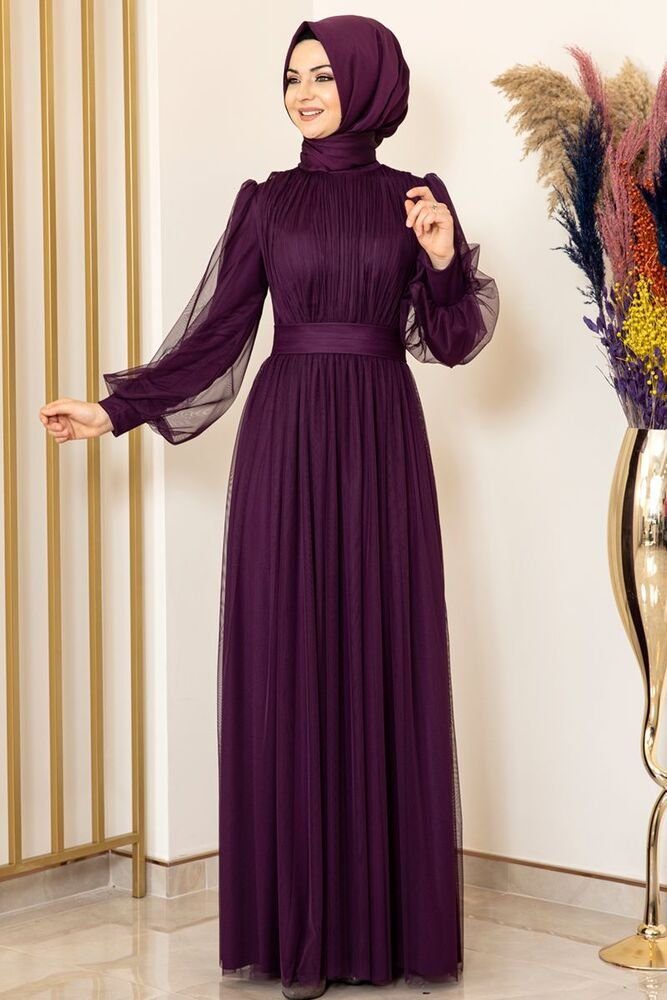 Abiye Maxikleid Violette Abendkleid Abaya Tüllkleid Langärmliges Kleid Damenkleid Hijab Modavitrini