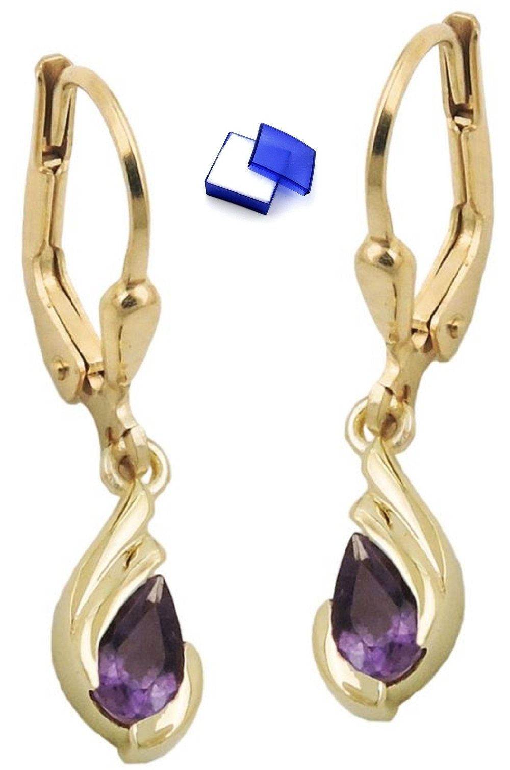 unbespielt Paar Ohrhänger Ohrringe tropfenförmiger Amethyst 375 Gold 25 x 5 mm inkl. Schmuckbox, Goldschmuck für Damen