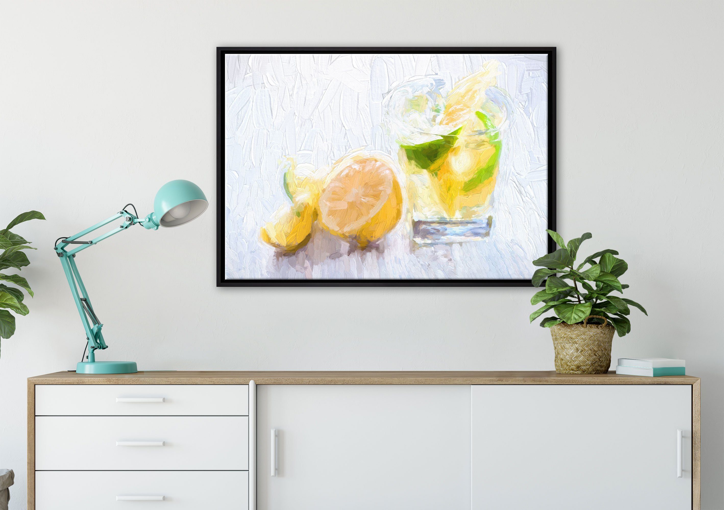 Pixxprint Leinwandbild St), Leinwandbild gefasst, inkl. in Zitronen, Zackenaufhänger Schattenfugen-Bilderrahmen Gin bespannt, einem (1 mit Wanddekoration Shot fertig Tonic