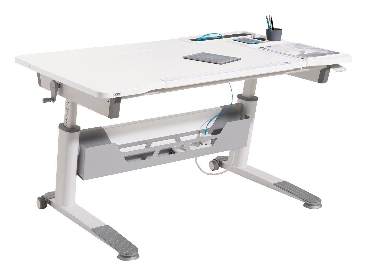 Schreibtisch JARO, Silbergrau, Weiß, manuell höhenverstellbar, Tischplatte  neigbar, mit Ablagen, B 120 x H 54 x T 75 cm