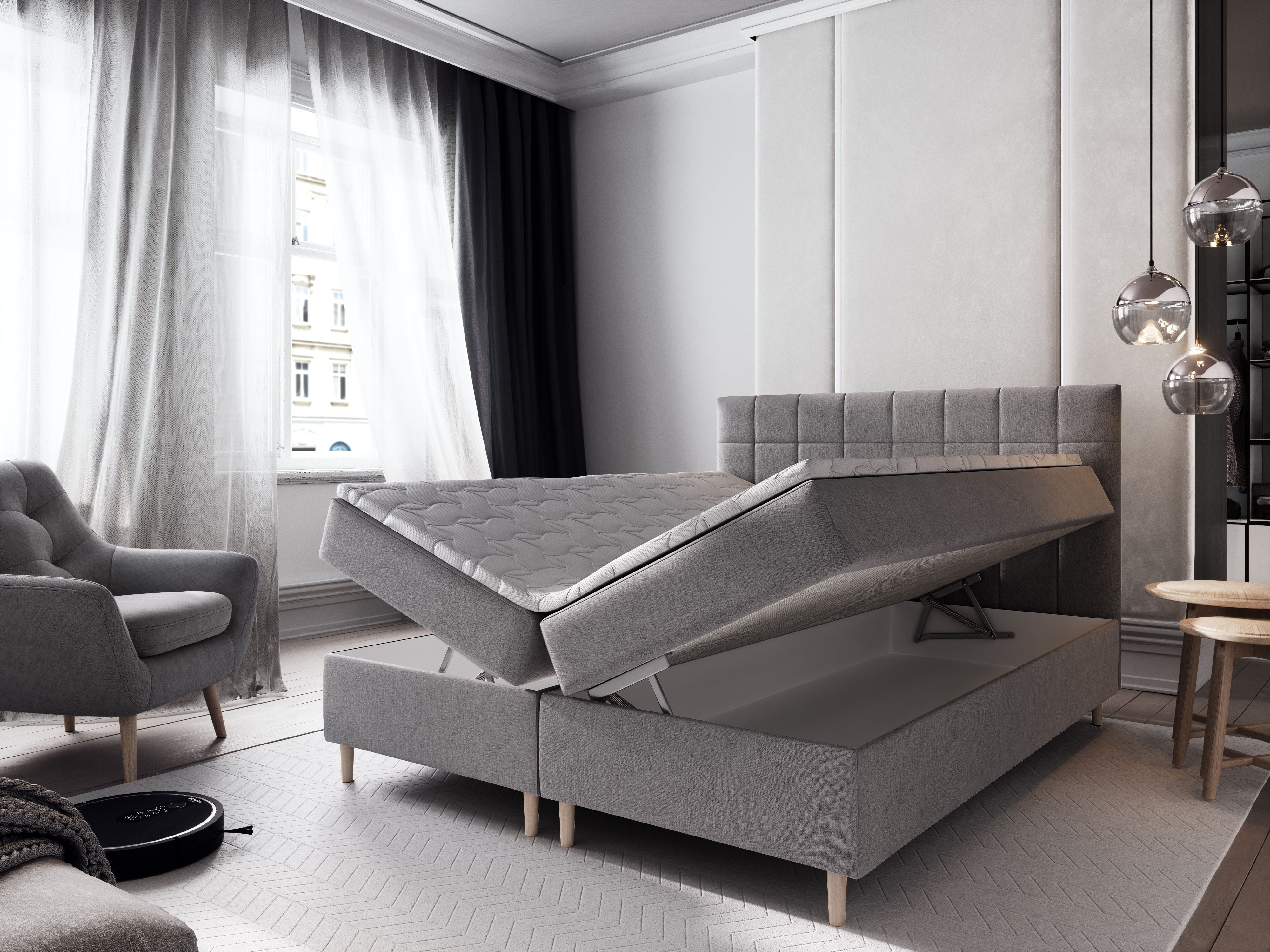 Masseno Boxbett IBIZA 140x200 cm mit Bonell Matratze und Topper, Doppelbett, Polsterbett mit Kopfteil, Boxspringbett