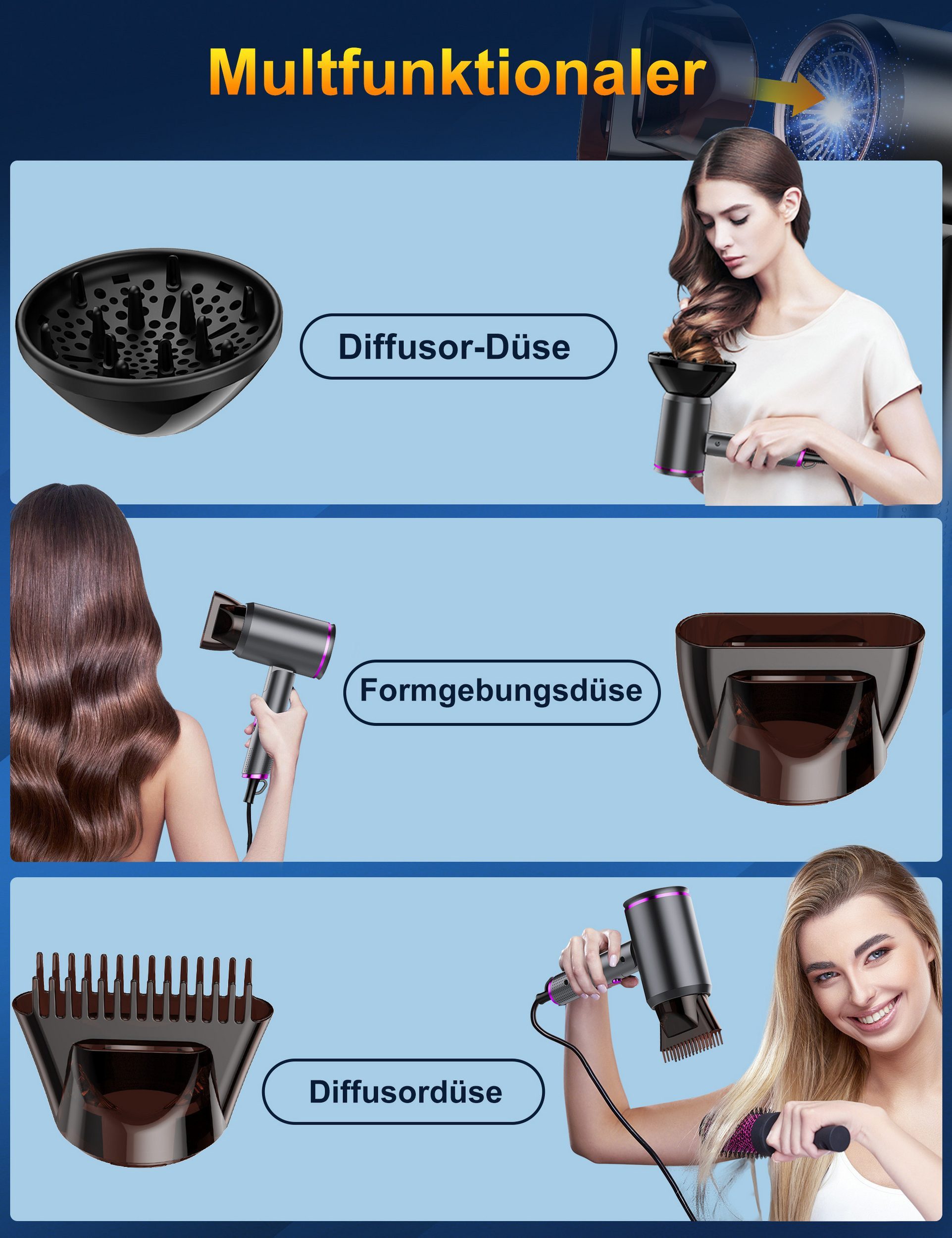 Luckice Haartrockner Haartrockner Föhn Ionen,klappbar,mit 3 Stylingdüse, 2400 W, Schnelltrocknen Hair Dryer Mit 6 Temperatureinstellungen, Reiseföhn Hairdryer Frisuren Zubehör Reisehaartrockner