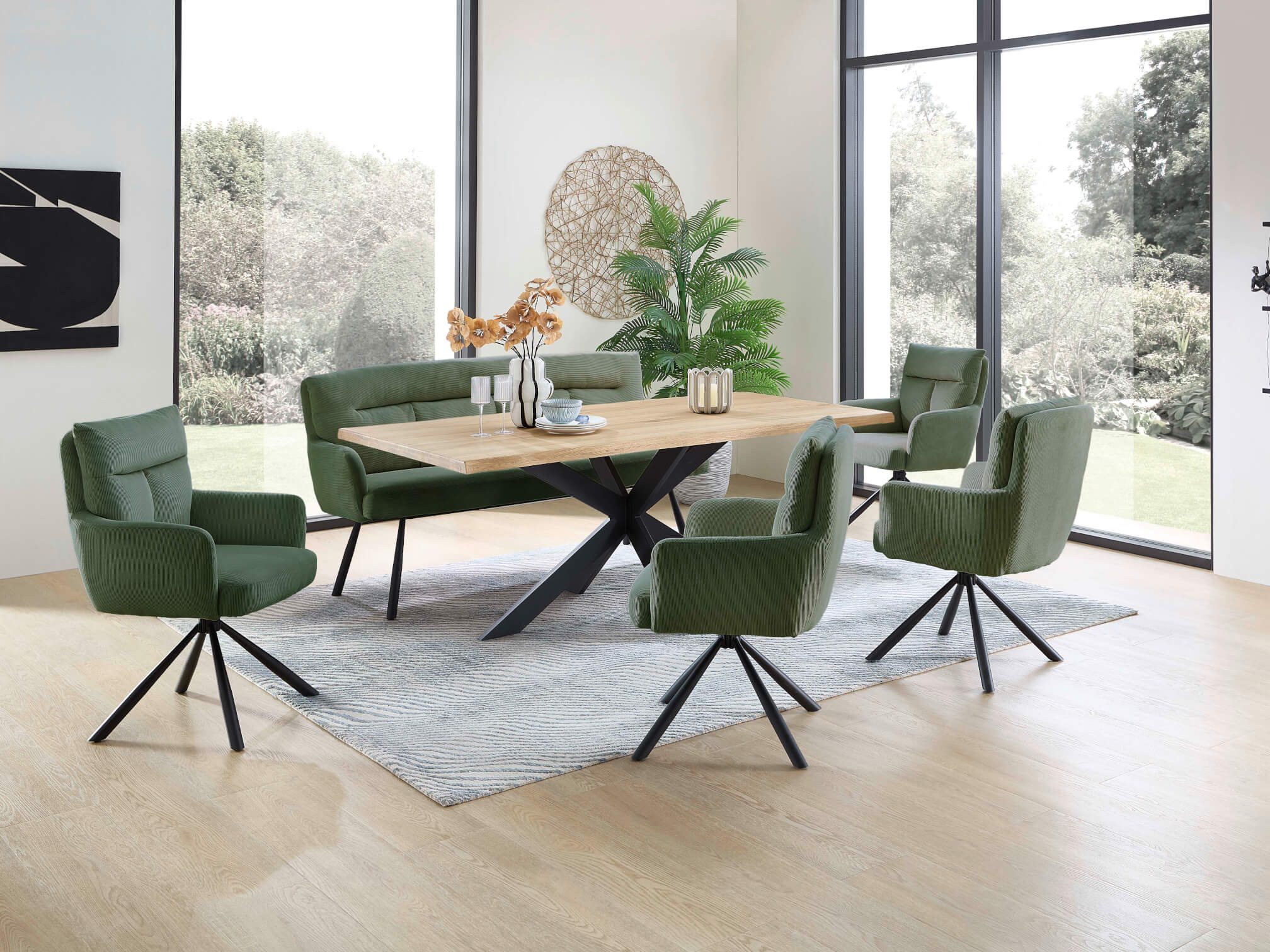 moebel-dich-auf Esszimmer-Set PORTOFINO, (Esstisch mit Stühlen Eiche Massivholz mit Baumkante 200 cm breit, 1 Tisch, 4 Stühle, 6 Stühle oder 4 Stühle mit Bank), Sitzgruppe mit Cordbezug