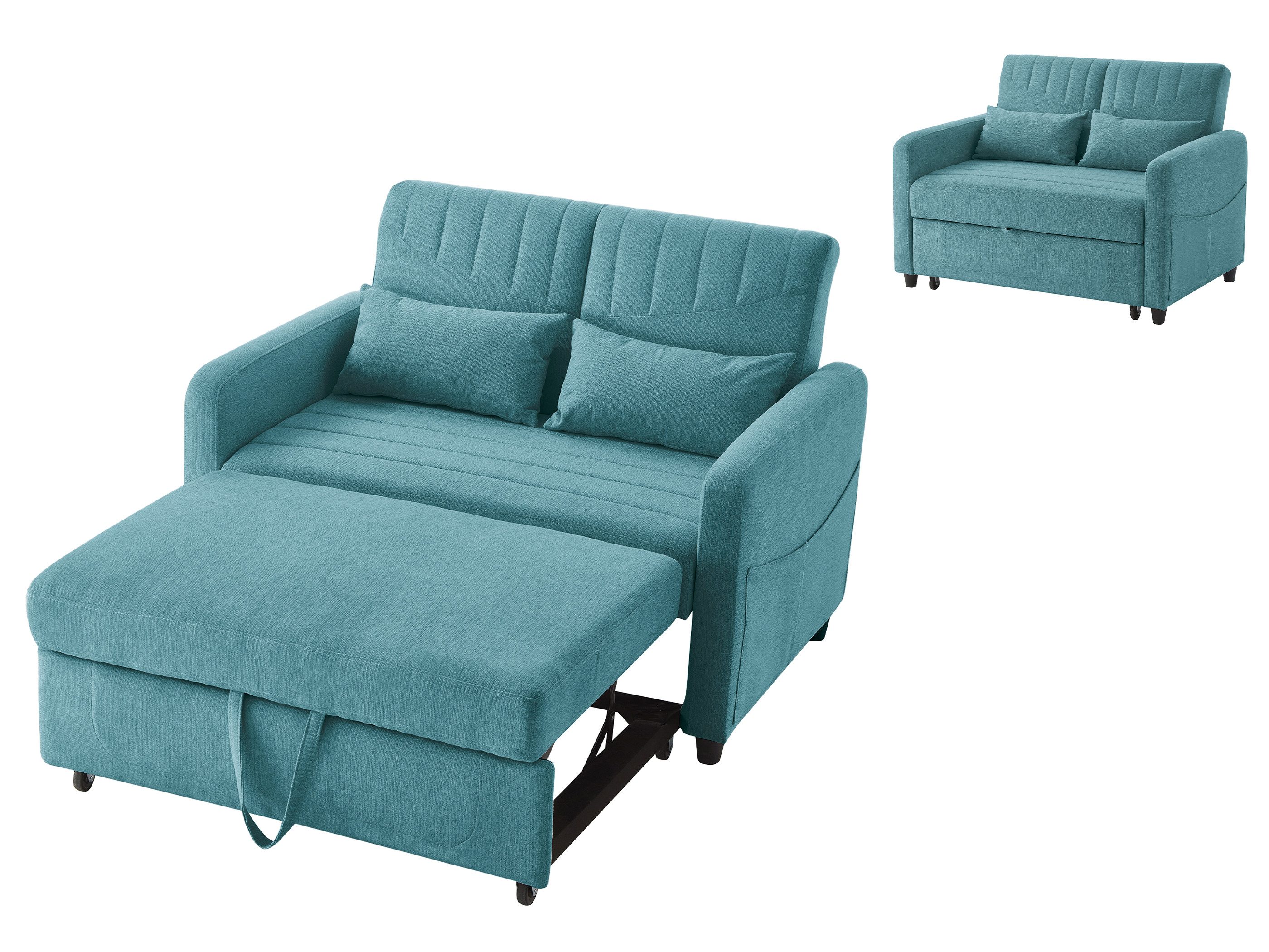 SeedWave Schlafsofa 2 Sitzer Sofa, Baumwoll-Leinen, mit Ausziehbett & Drei Liegepositionen, Verstellbare Rückenlehne (110°/145°/180), Seitentaschen, 2 Zierkissen