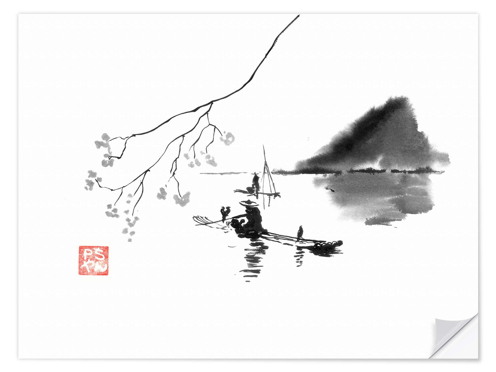 Posterlounge Wandfolie Péchane, Fischer auf dem Fluss, Wohnzimmer Feng Shui Illustration