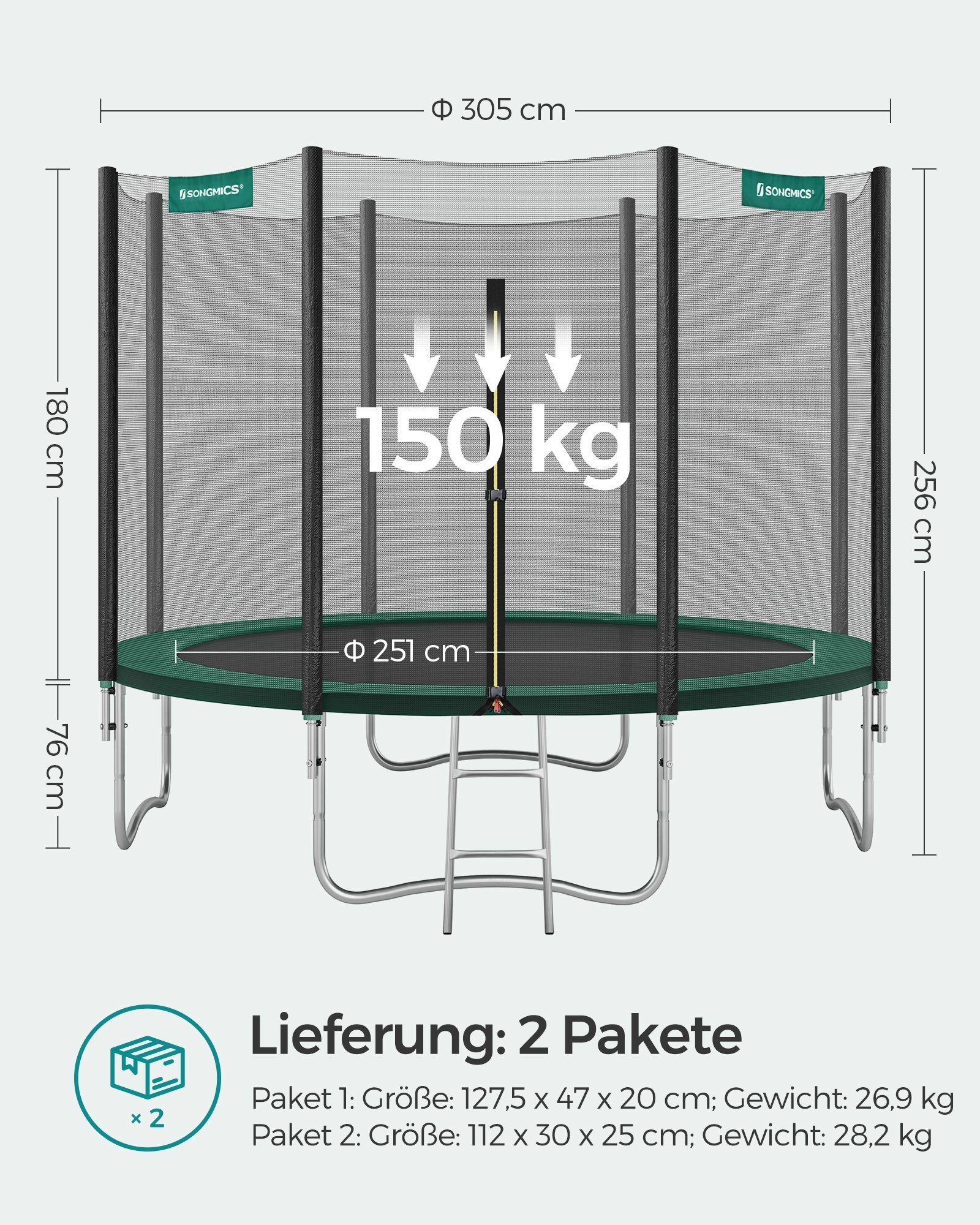 SONGMICS Gartentrampolin mit Randabdeckung, Sicherheitsnetz, Leiter und gepolsterten Stangen, Ø 305 cm, Ø244/Ø305/ Ø366 cm, mit Leiter und gepolsterten Stangen