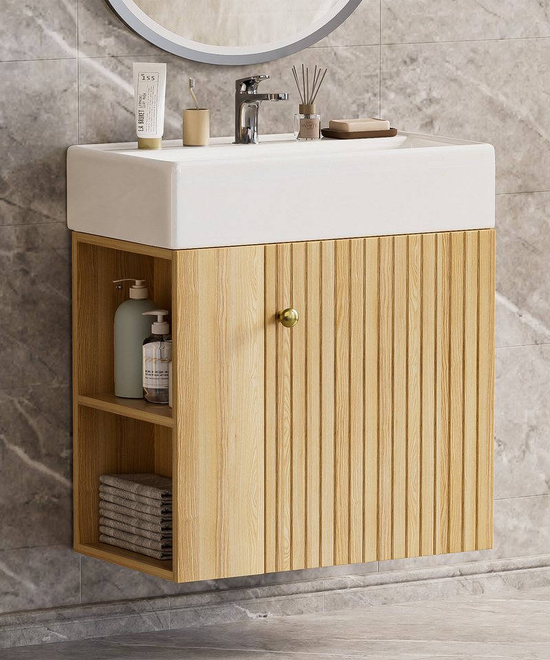 Yorbay Waschtisch Badmöbel Waschtischunterschrank (Breite 55 cm, Badschrank mit Waschbecken), Waschbecken mit Waschtisch für kleine Badezimmer