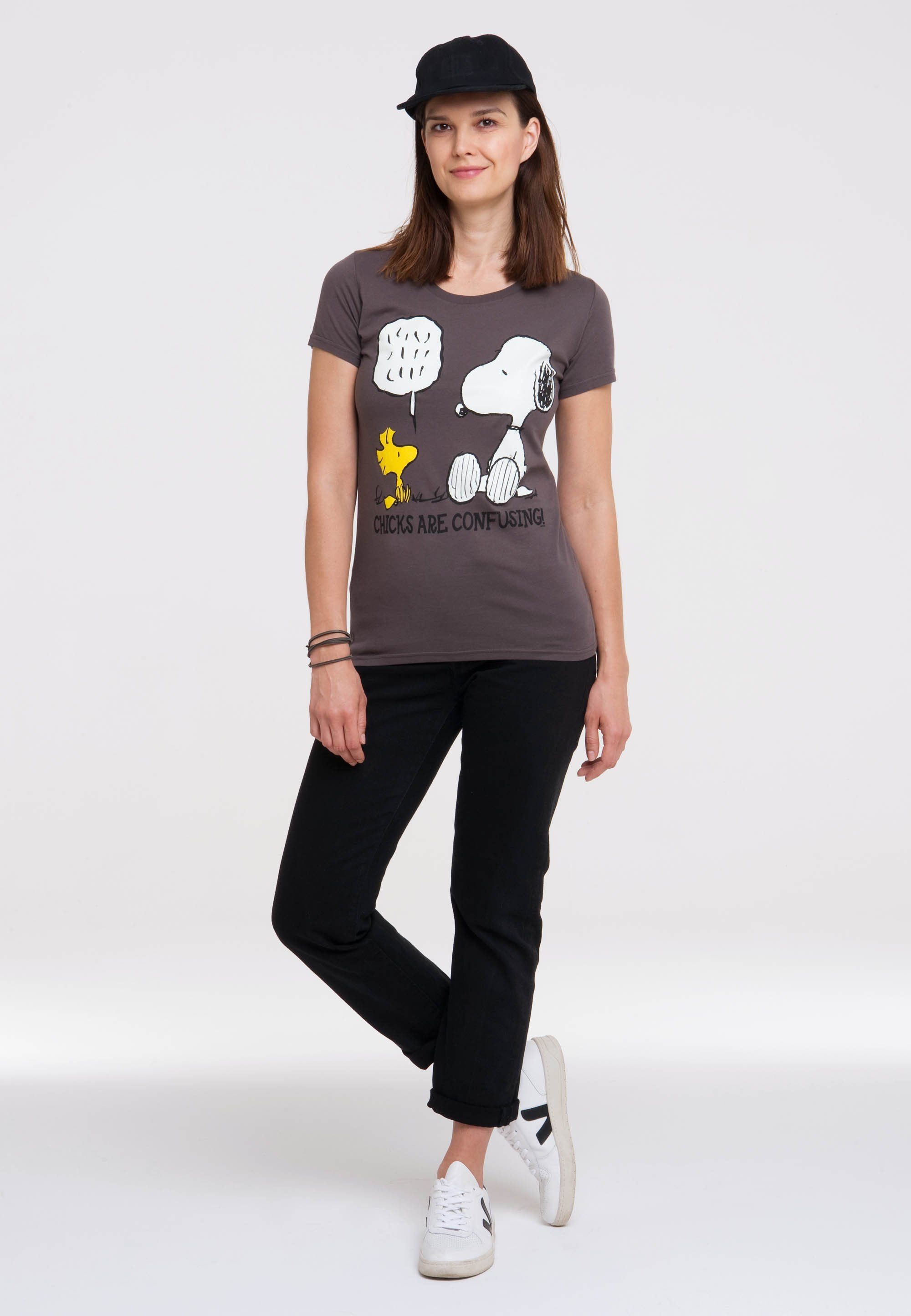 mit - niedlichem Frontprint Peanuts Snoopy LOGOSHIRT T-Shirt dunkelgrau