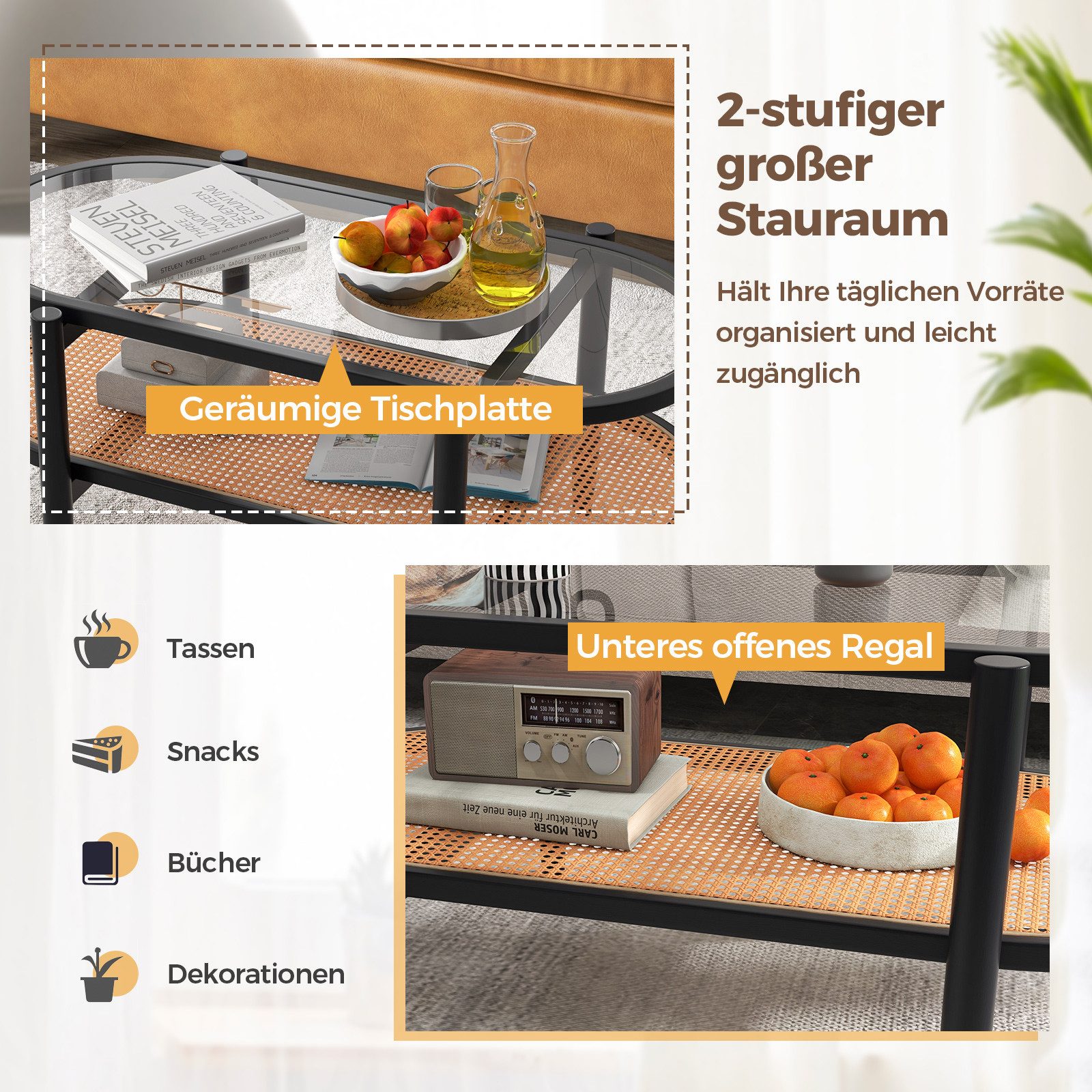 COSTWAY Couchtisch, Glas, Rattan, Holz Sofatisch mit Stauraum, 102x56x47cm