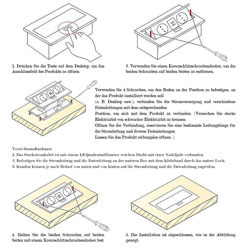 Aluminium m), Fach+2 Einbau-Tischsteckdosenleiste (Kabellänge 1.8 USB,Scwharz Einbau-Tischsteckdose Unterputz-Tischsteckdosenleiste(Netzkabel m),2 1.8 2-fach XIIW Versenkbare Einbausteckdose