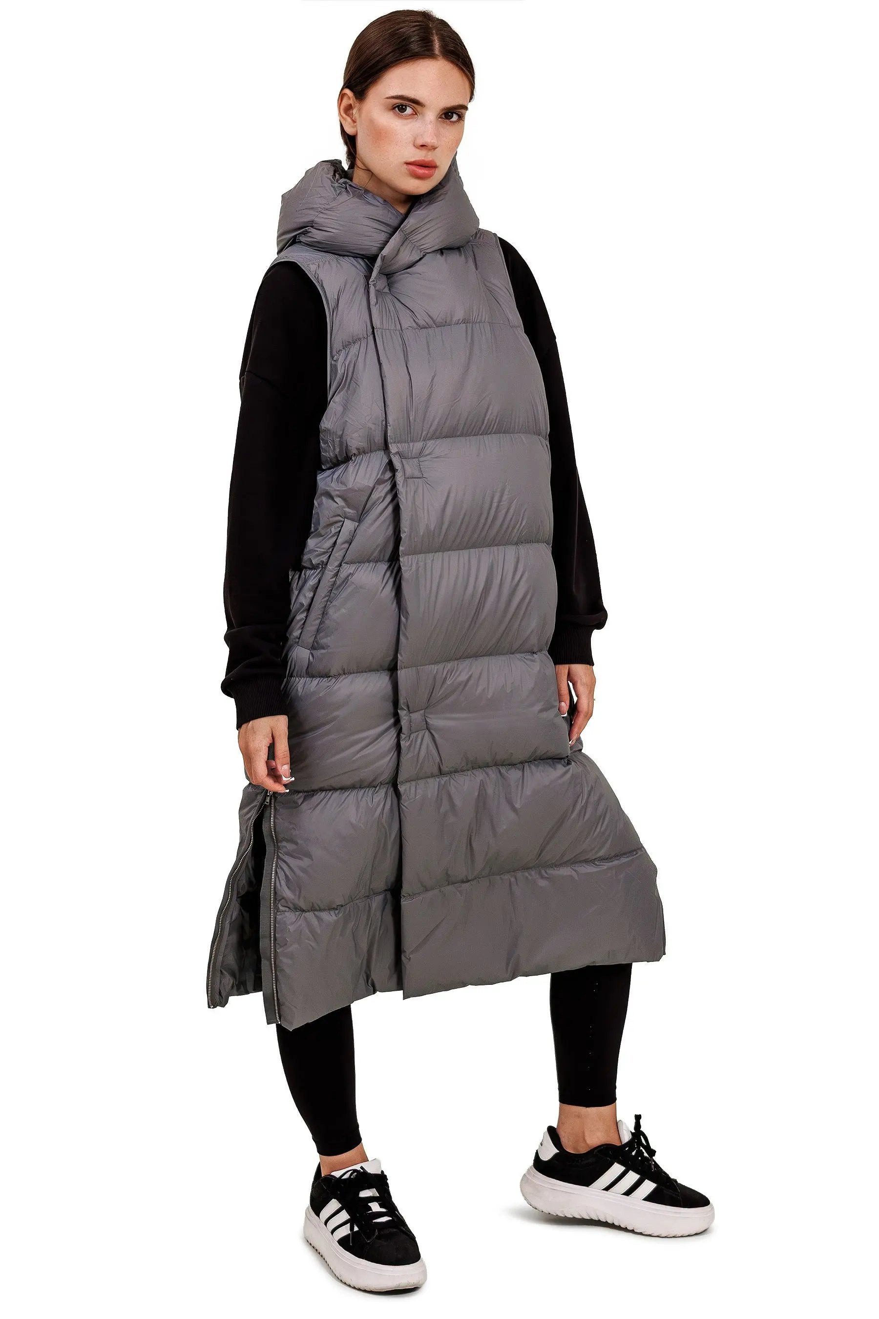 JNBY Daunenweste Damen lange Daunenweste mit Kapuze Frühlingsweste grey warm gefüttert