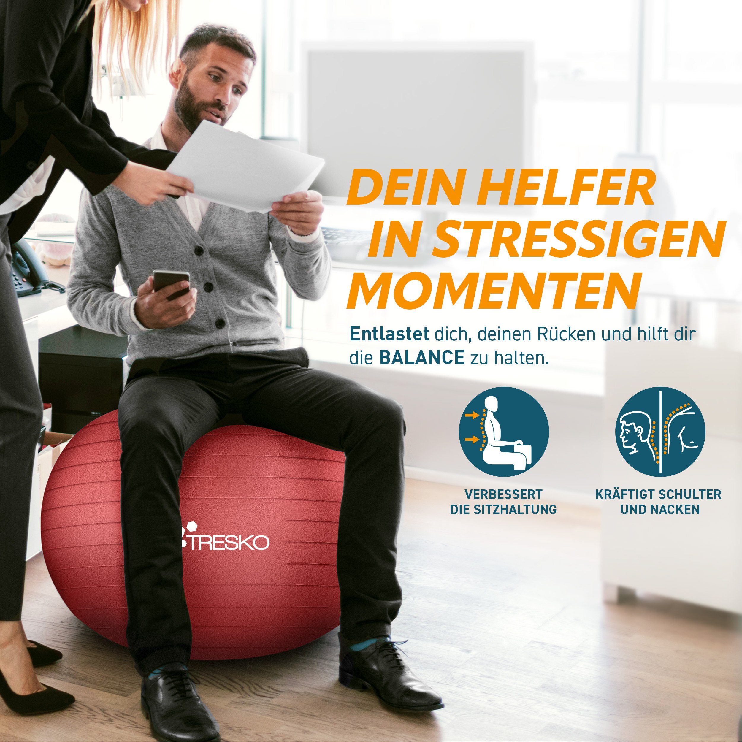 TRESKO Gymnastikball mit GRATIS Übungsposter inkl. Luftpumpe Yogaball, BPA-Frei Sitzball Büro Anti-Burst inkl. Luftpumpe, Fitnessball