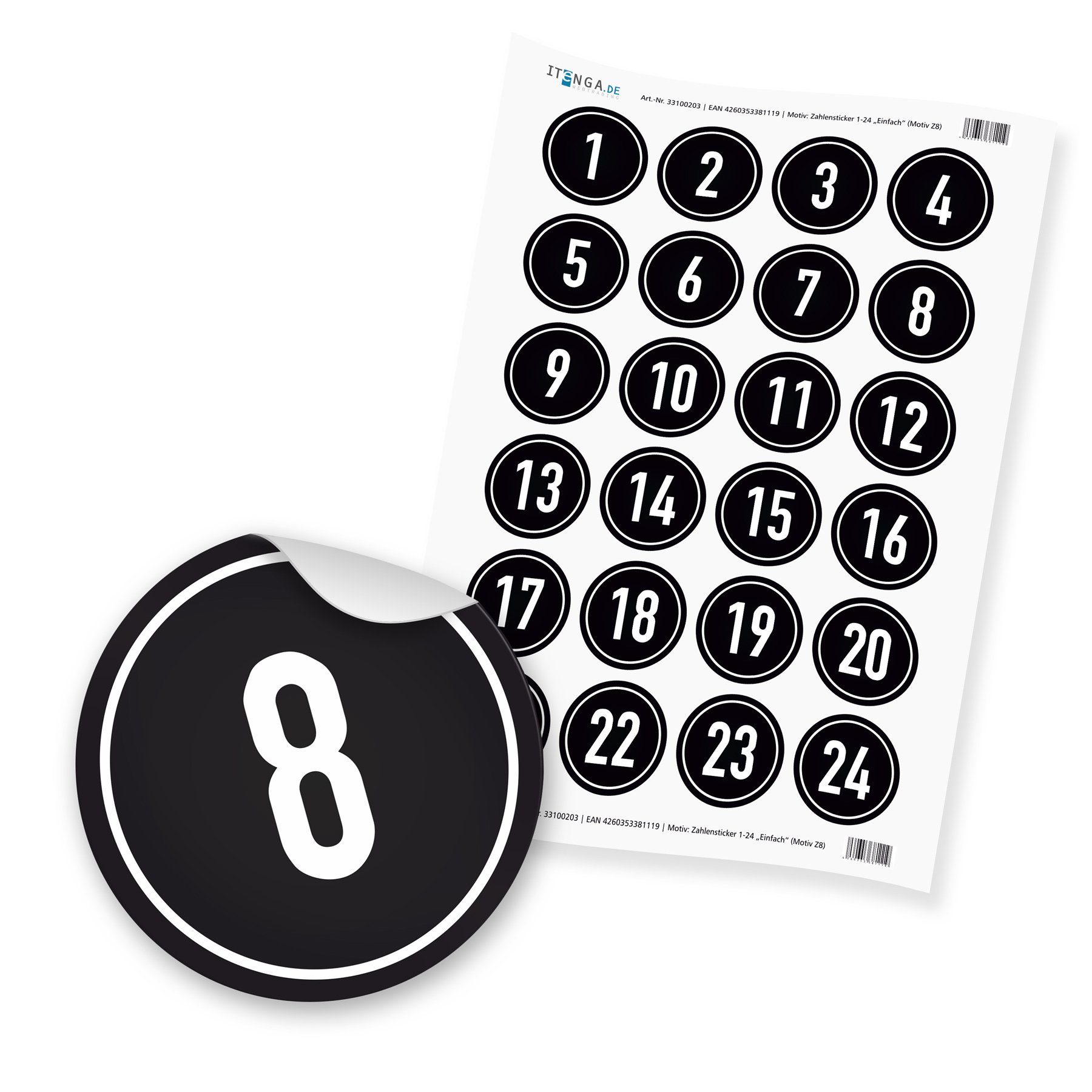itenga Aufkleber Zahlensticker Z08 1-24 schwarz weiß Hintergrund schwarz / Zahl weiß