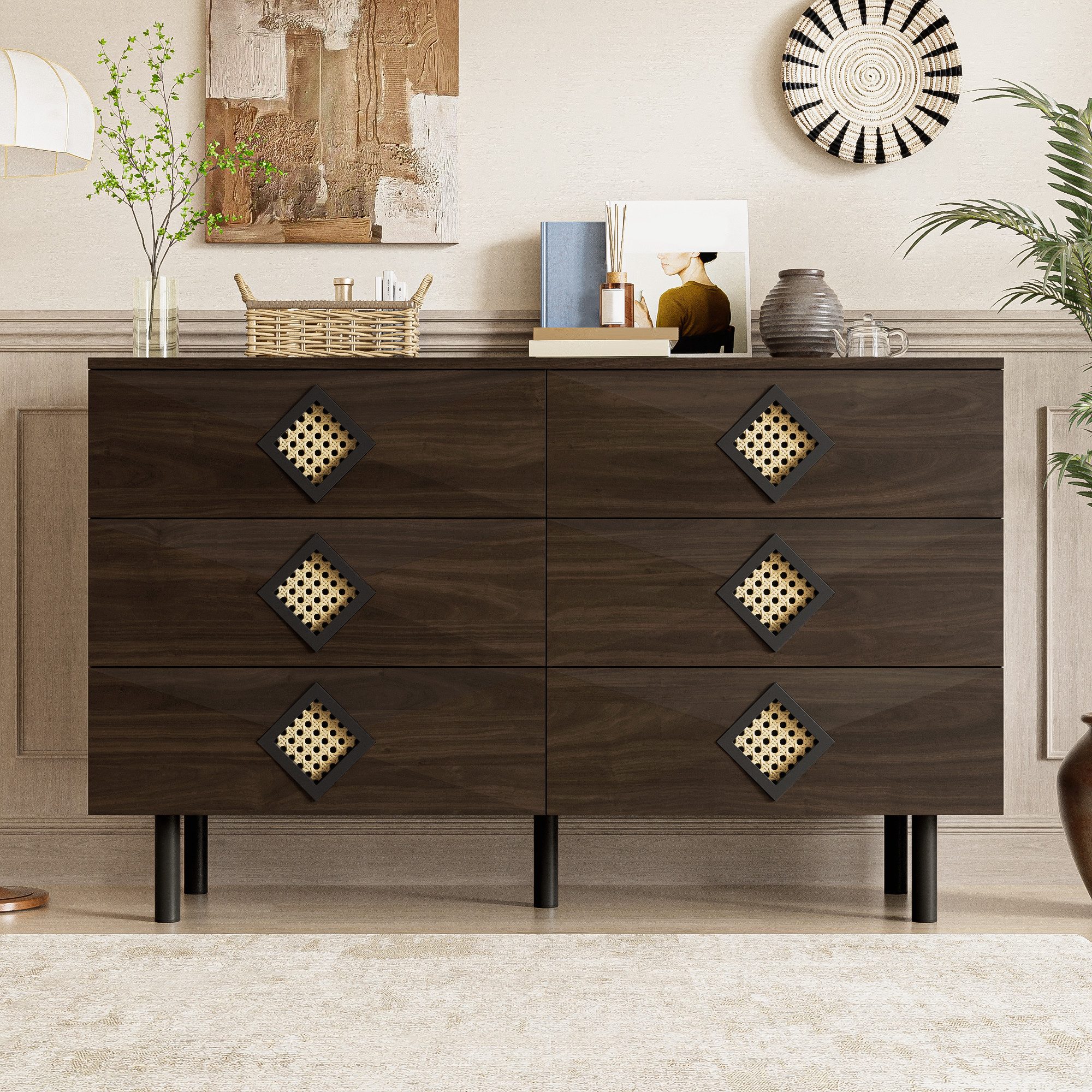 KLAM HOME Sideboard Eleganter 6-Schubladen Schminktisch mit Rattan-Griff (Stabile Konstruktion mit praktischer Kabelführung), Vielseitiger Stauraum für Schlafzimmer & Wohnzimmer