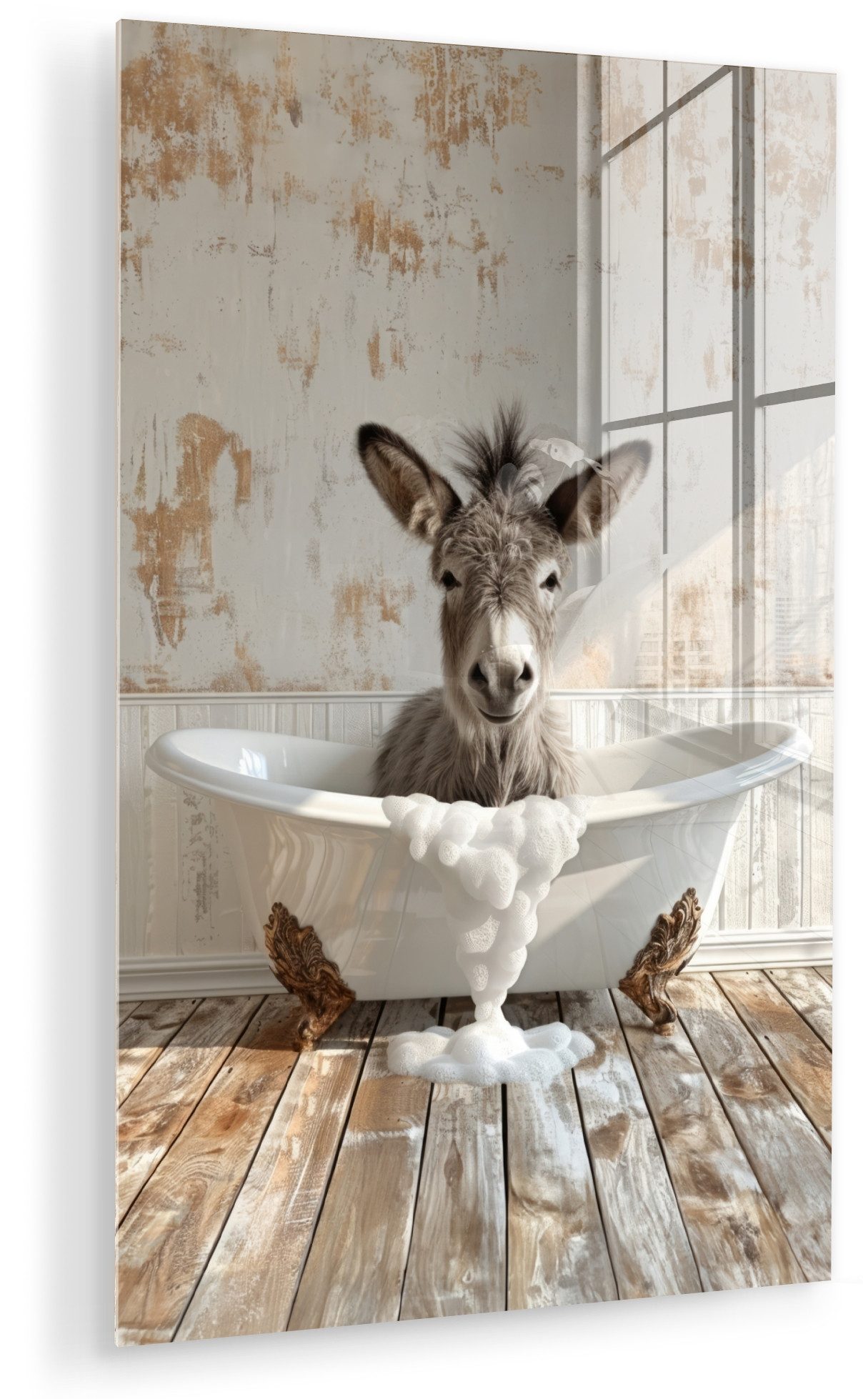 MuchoWow Acrylglasbild Esel - Tiere - Badewanne - Schaumstoff, Inkl. Aufhängung, Acrylglasbilder Badezimmer, Toilette Bilder auf Glas, 20x30 cm