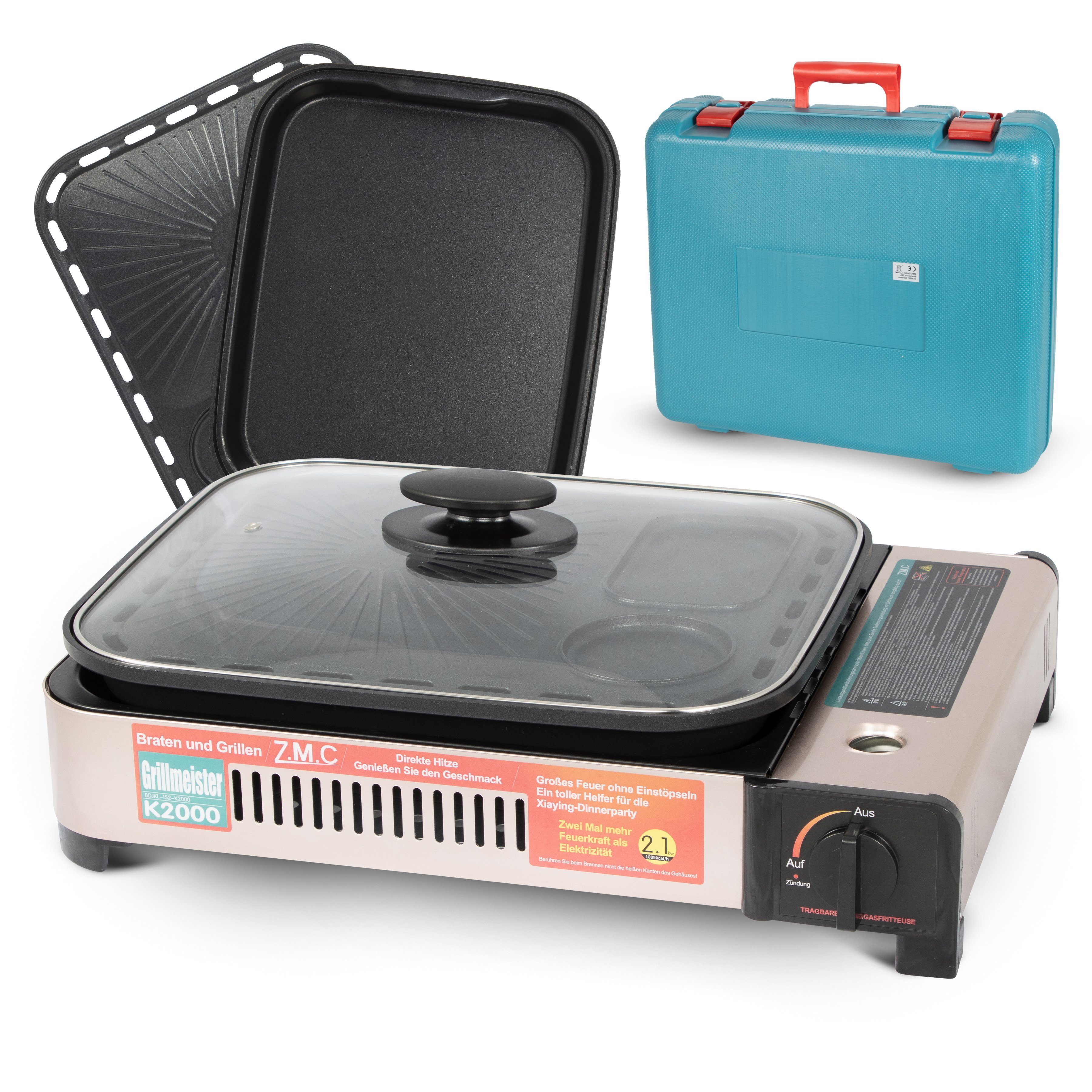 ZMC Gaskocher 2in1 Gas Grillpfanne+Transportkoffer Kocher Grillplatte Kochfeld), Herd (Gaskocher Gasgrill Camping Kocher Outdoor Outdoor Tischgrill 2.1KW Campingkocher Camping, Tragbarer