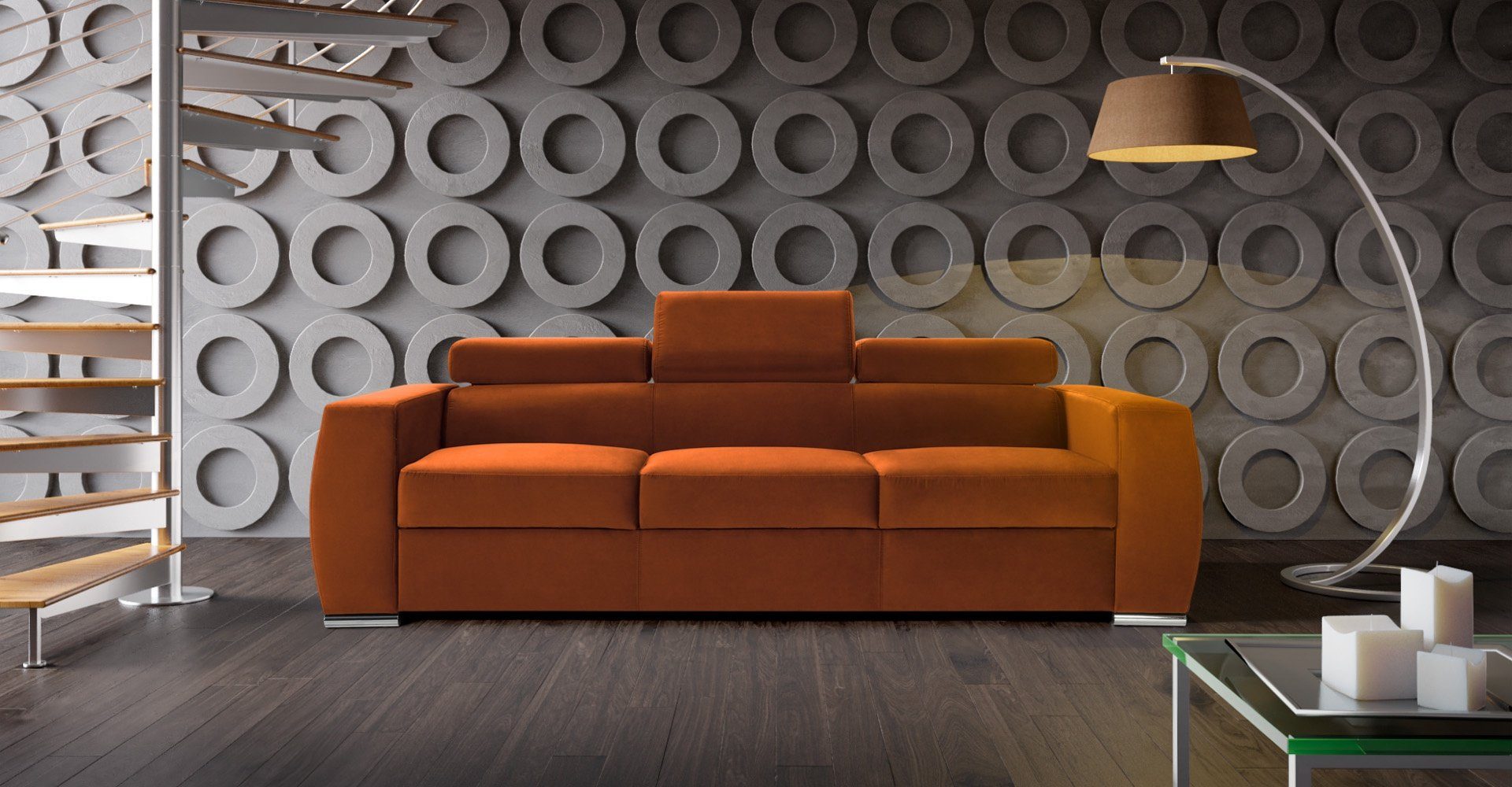Made Sofa Sofa Sofas Polster Modern Europe JVmoebel Textil Stoff Sitzer, Design in 2,5 Bettfunktion Orange