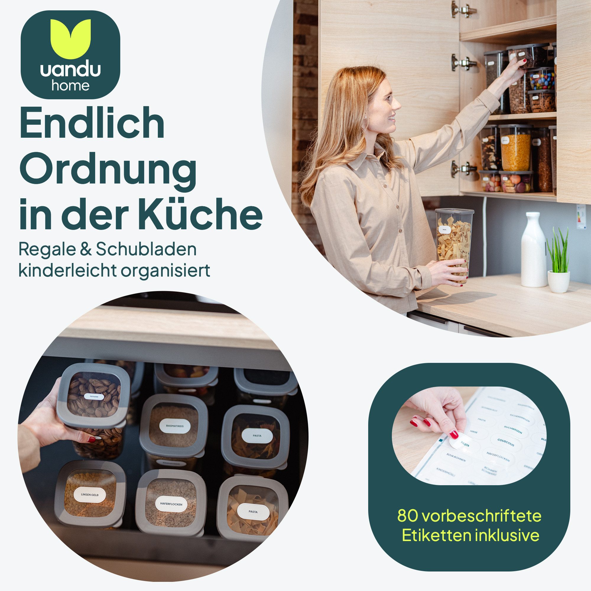 uandu home Vorratsdose Vorratsdosen mit Deckel Luftdicht, Vorratsbehälter Set, BPA Frei, (Vorratsbehälter Set, Aufbewahrungsbox Küche, Luftdichte Aufbewahrungsbox im Set inkl. 80 Etiketten, BPA Frei Kunststoff, Vorratsbehälter Set, Vorratsdosen für alle trockenen Lebensmittel), Tupperdosen Set, Meal Prep Boxen, Aufbewahrungsbox Küche